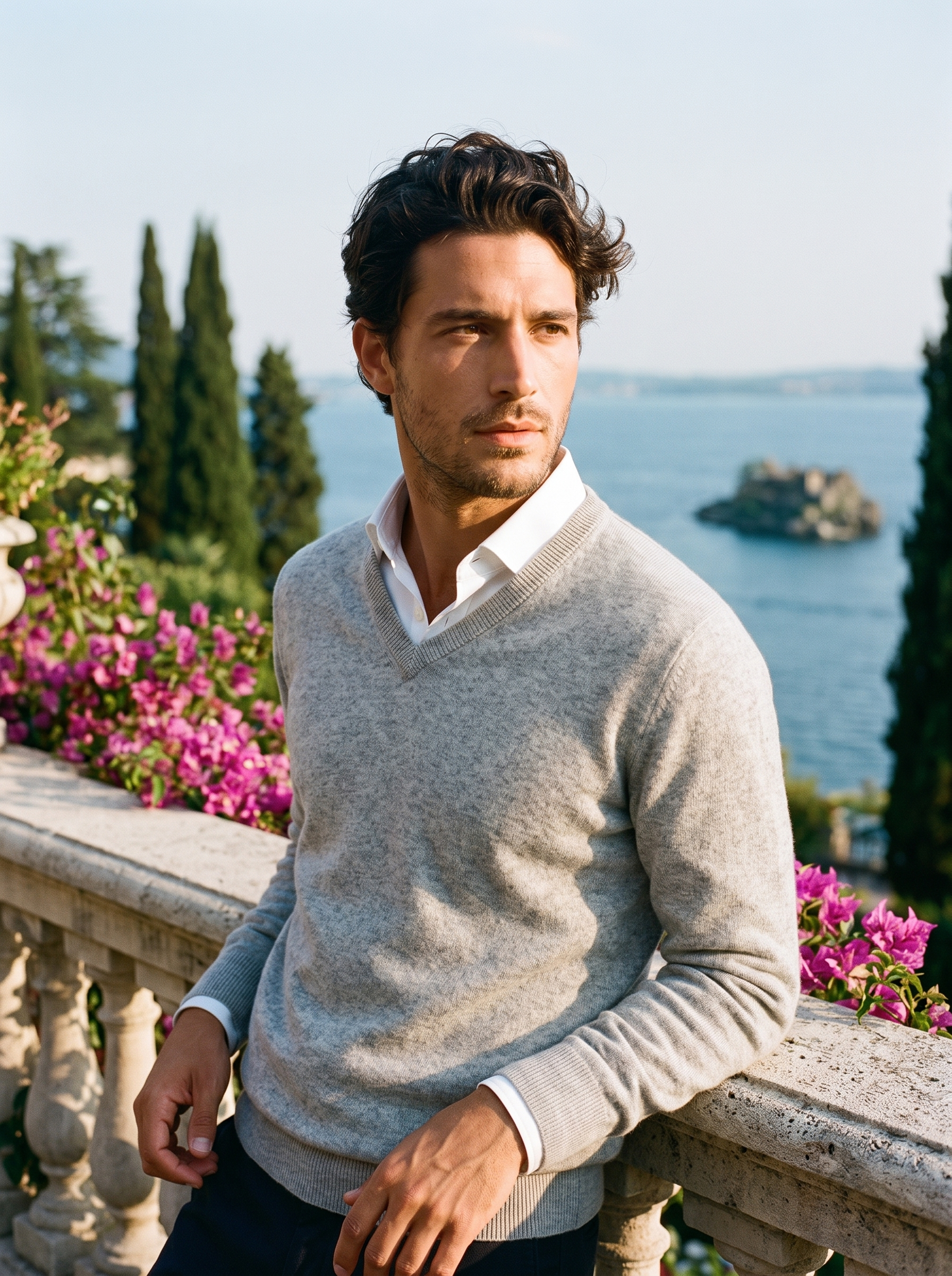 Man wearing a light gray wool V-neck sweater over a white shirt on a terrace overlooking Lake Como — Aveloire