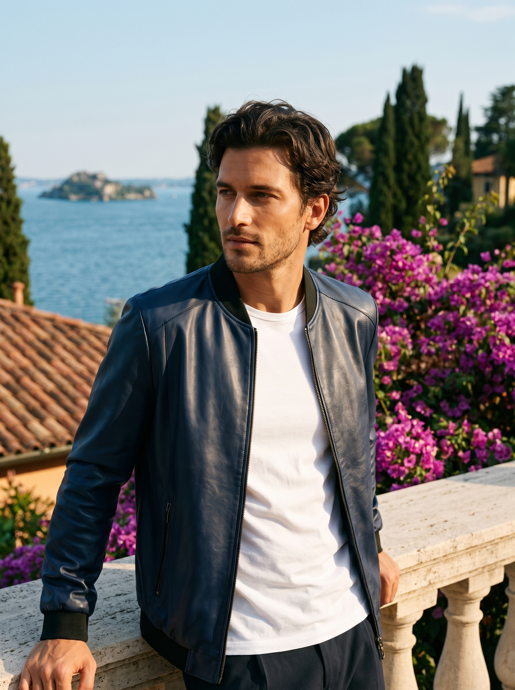 Man wearing navy leather bomber jacket on a Lake Como terrace — Aveloire