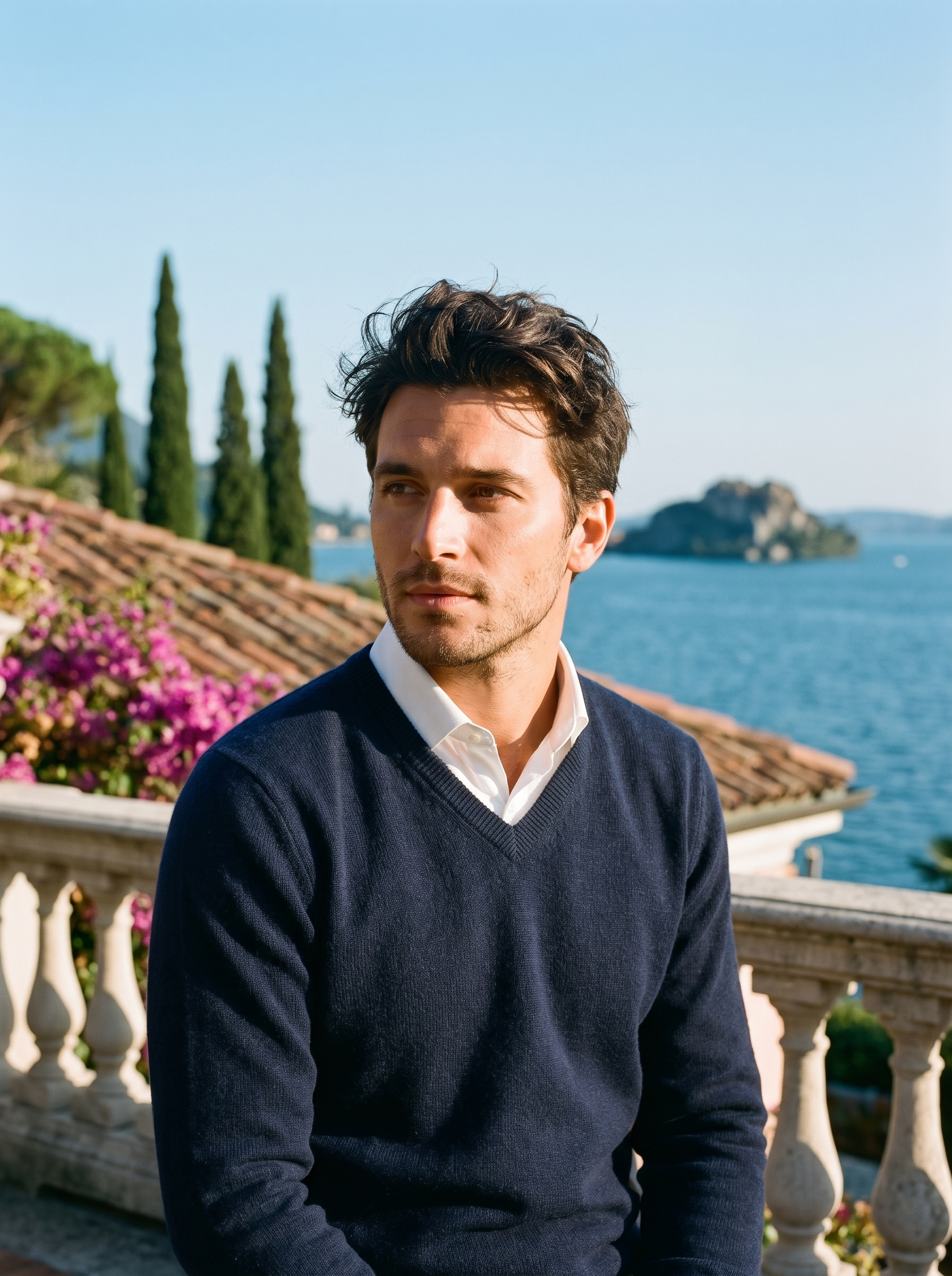Man wearing a navy wool V-neck sweater over a white shirt on a terrace overlooking Lake Como, old money style — Aveloire