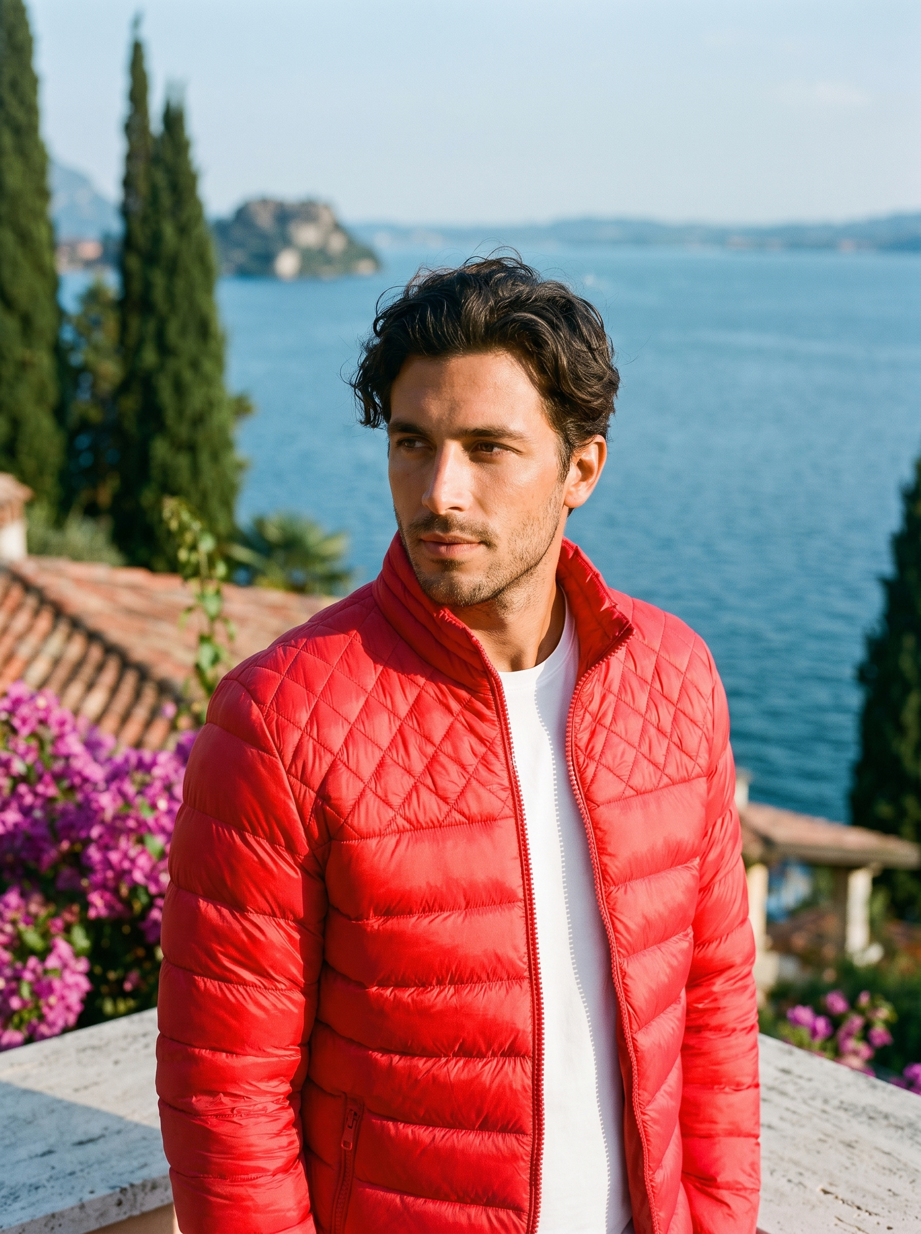 Man wearing red stand collar puffer jacket on a Lake Como terrace — Aveloire