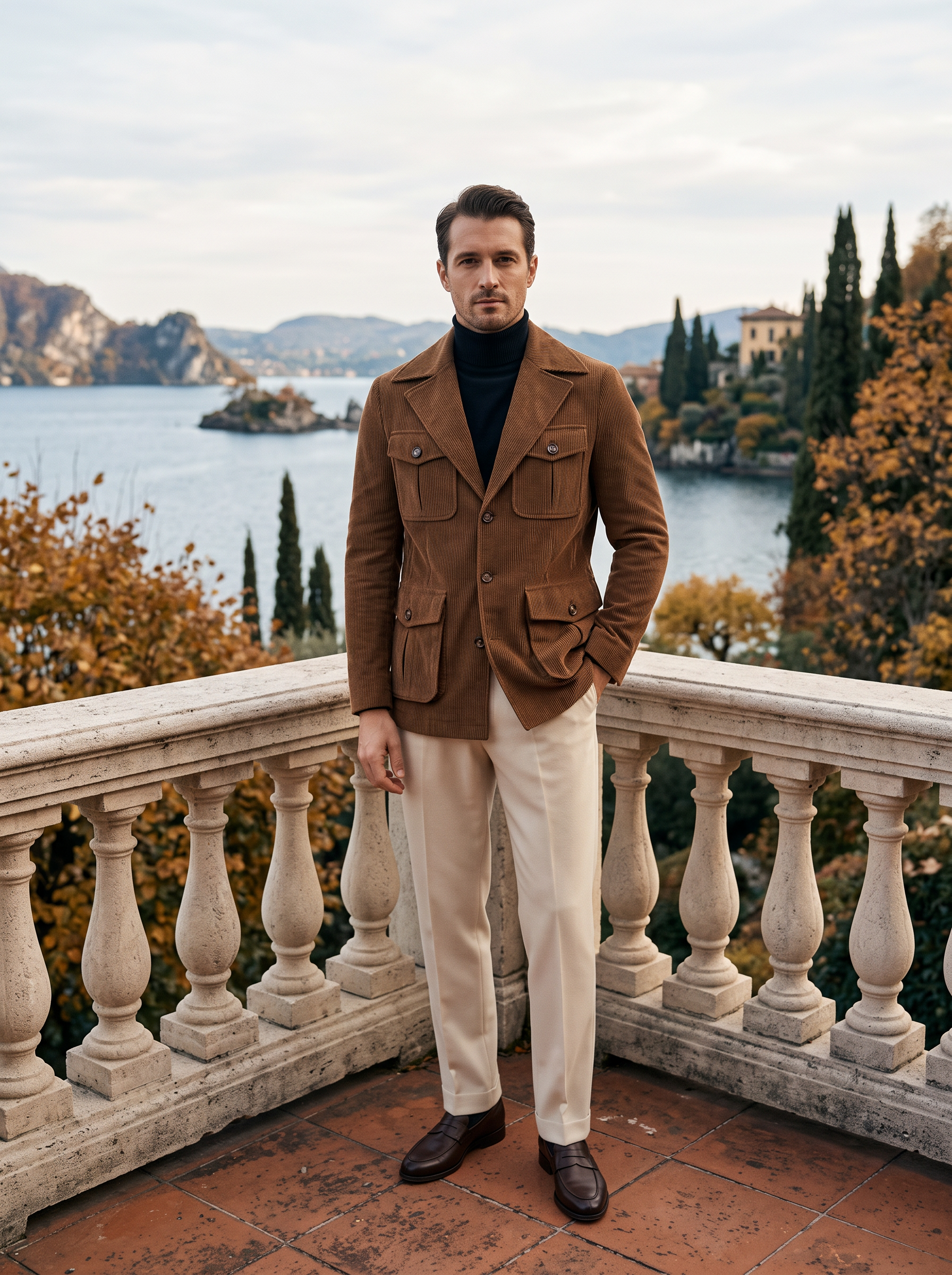 Brown corduroy jacket for men, full length front view — Aveloire