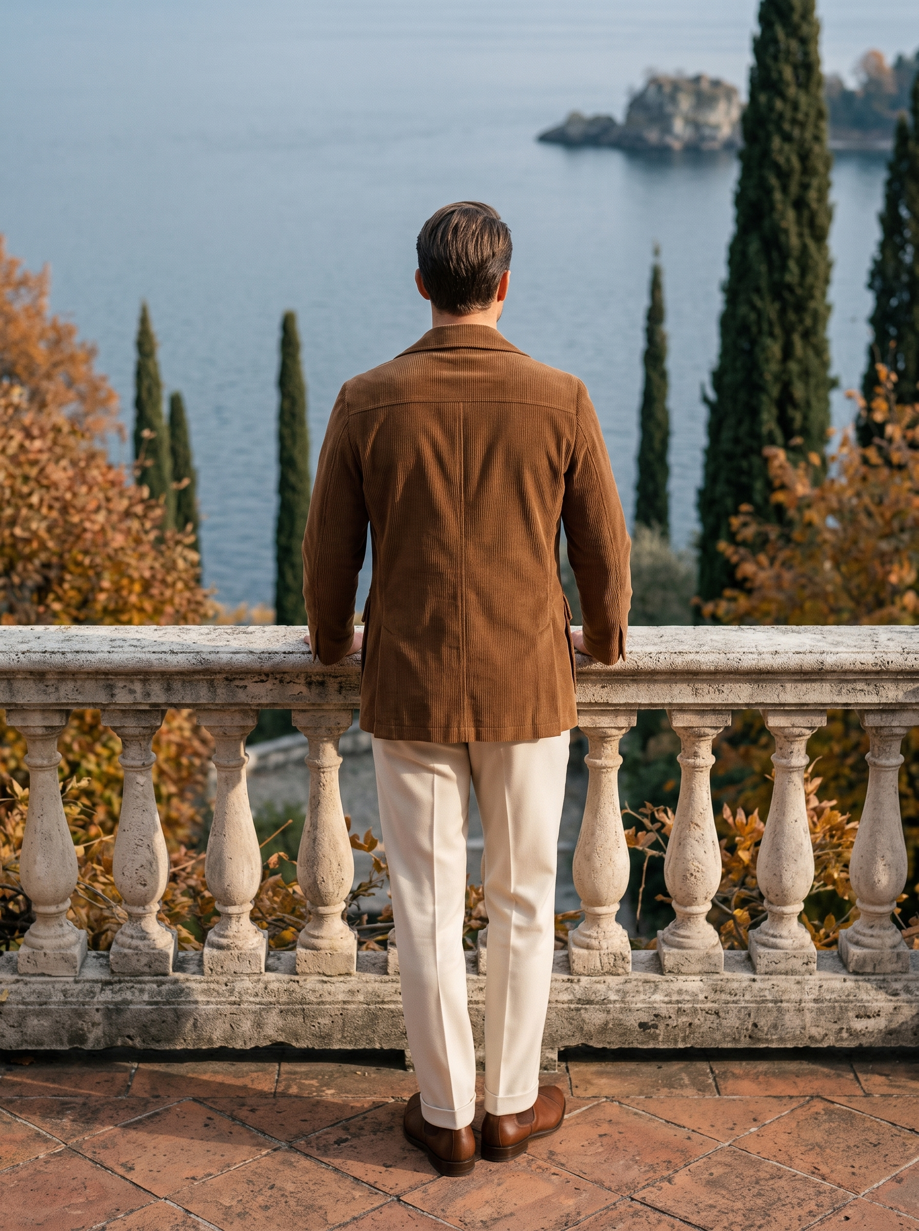 Brown corduroy jacket for men, full length back view — Aveloire