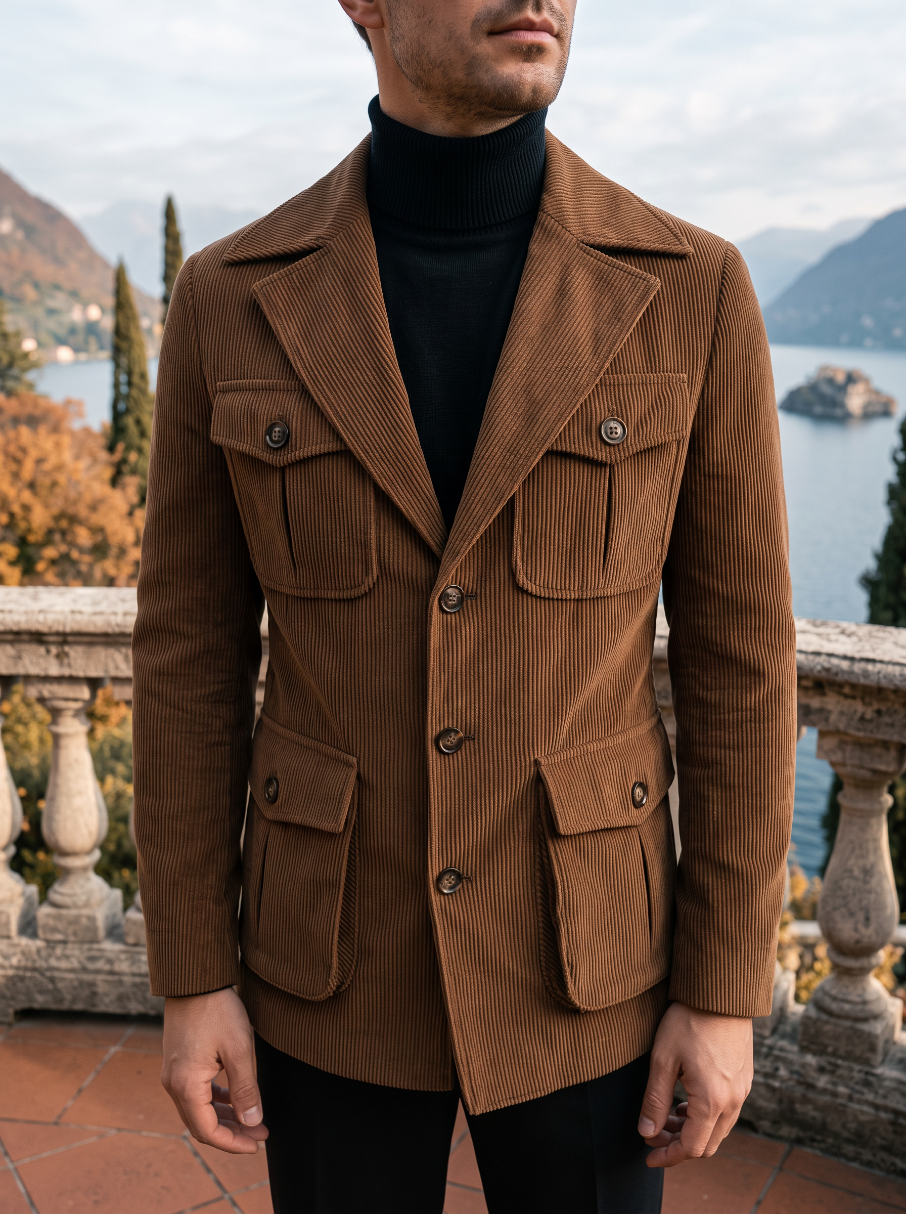 Brown corduroy jacket for men, notched lapel collar shown on model — Aveloire