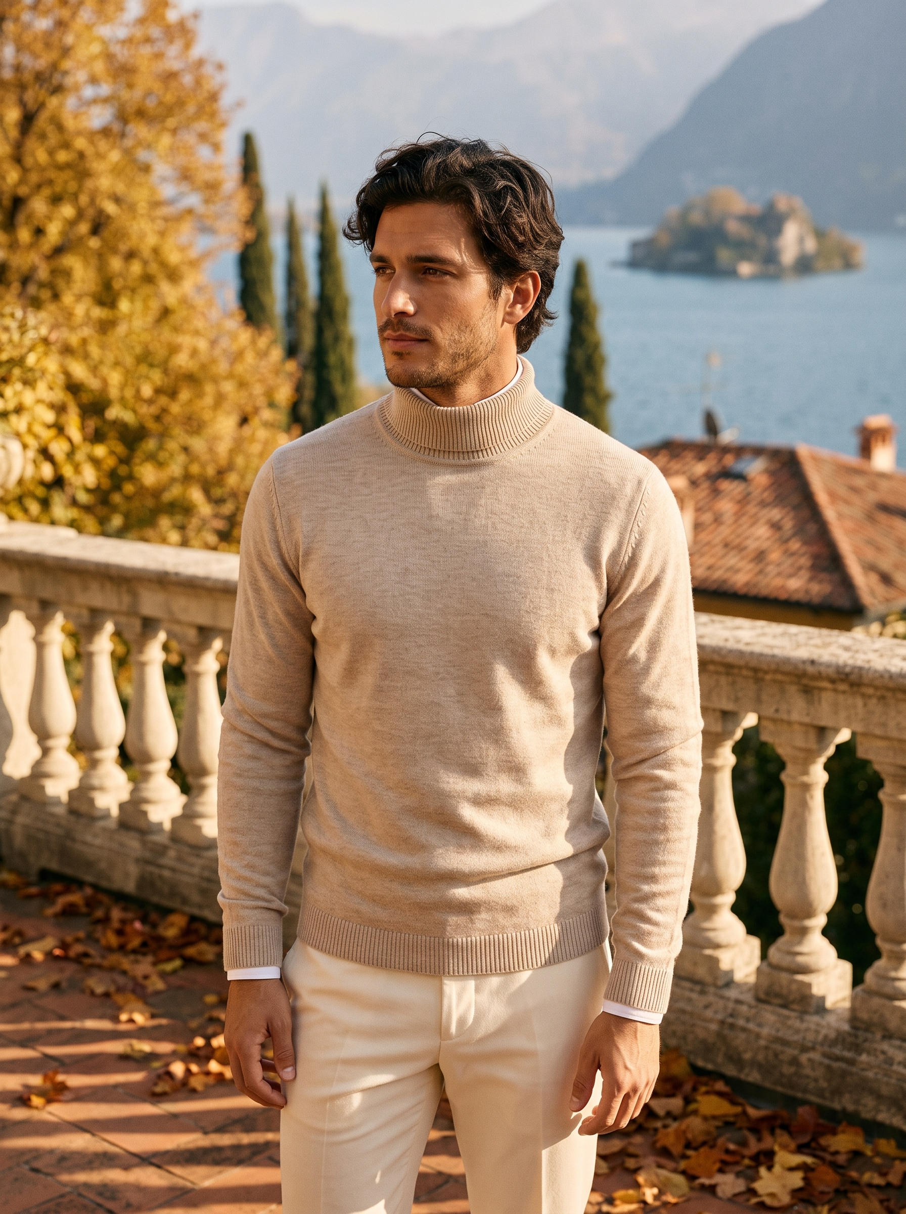 Man wearing a beige wool turtleneck sweater by Lake Como — Aveloire