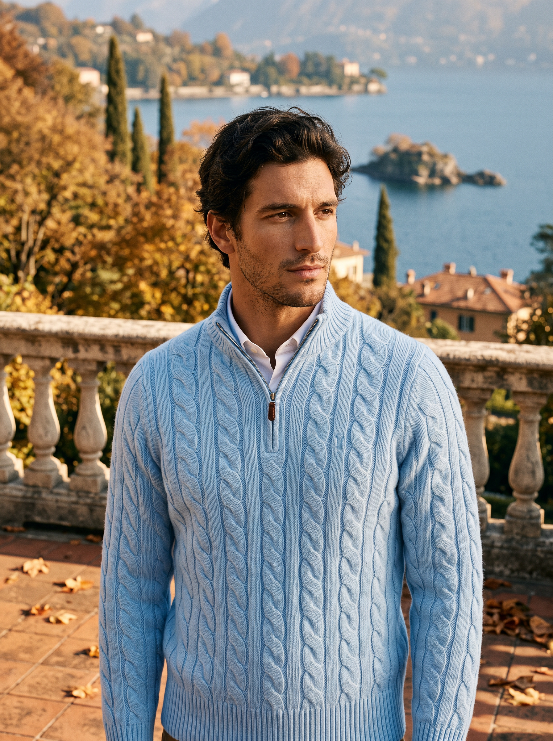 Man wearing a light blue wool quarter zip mock neck sweater by Lake Como — Aveloire