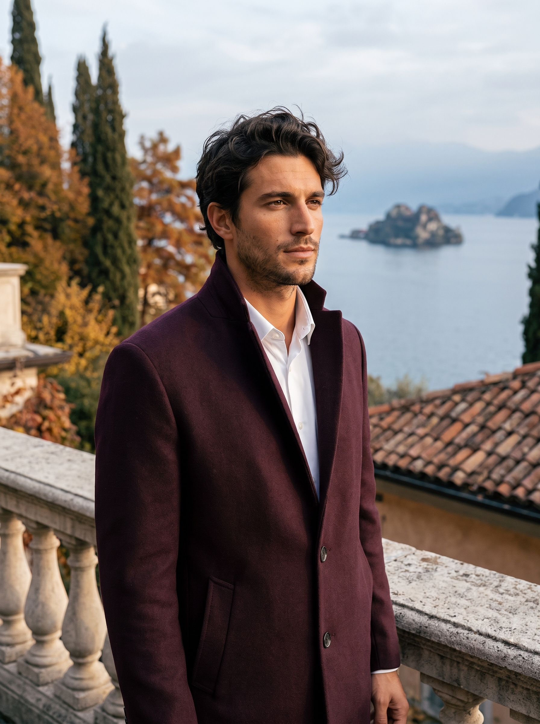 Burgundy stand collar overcoat for men, worn on a Lake Como terrace — Aveloire