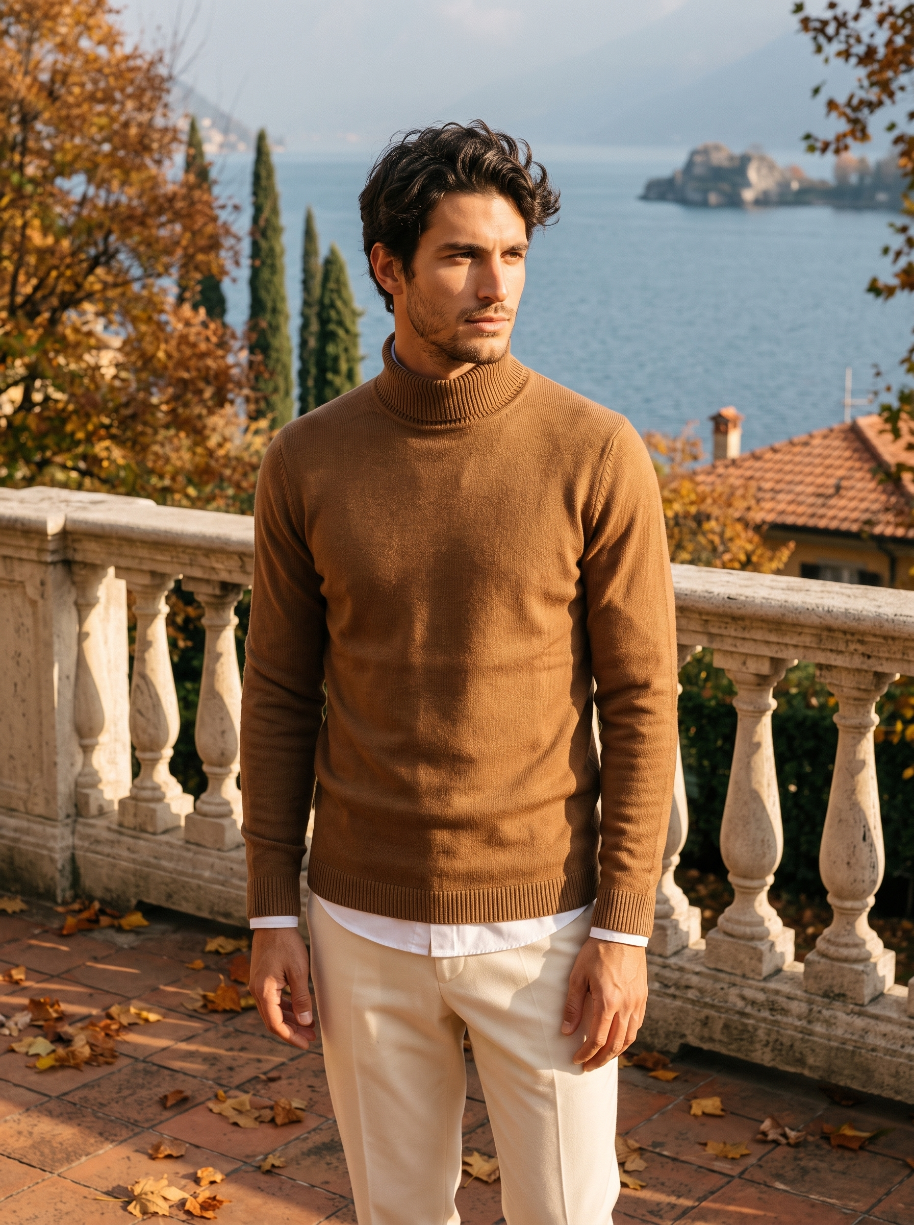 Man wearing a brown wool turtleneck sweater by Lake Como — Aveloire