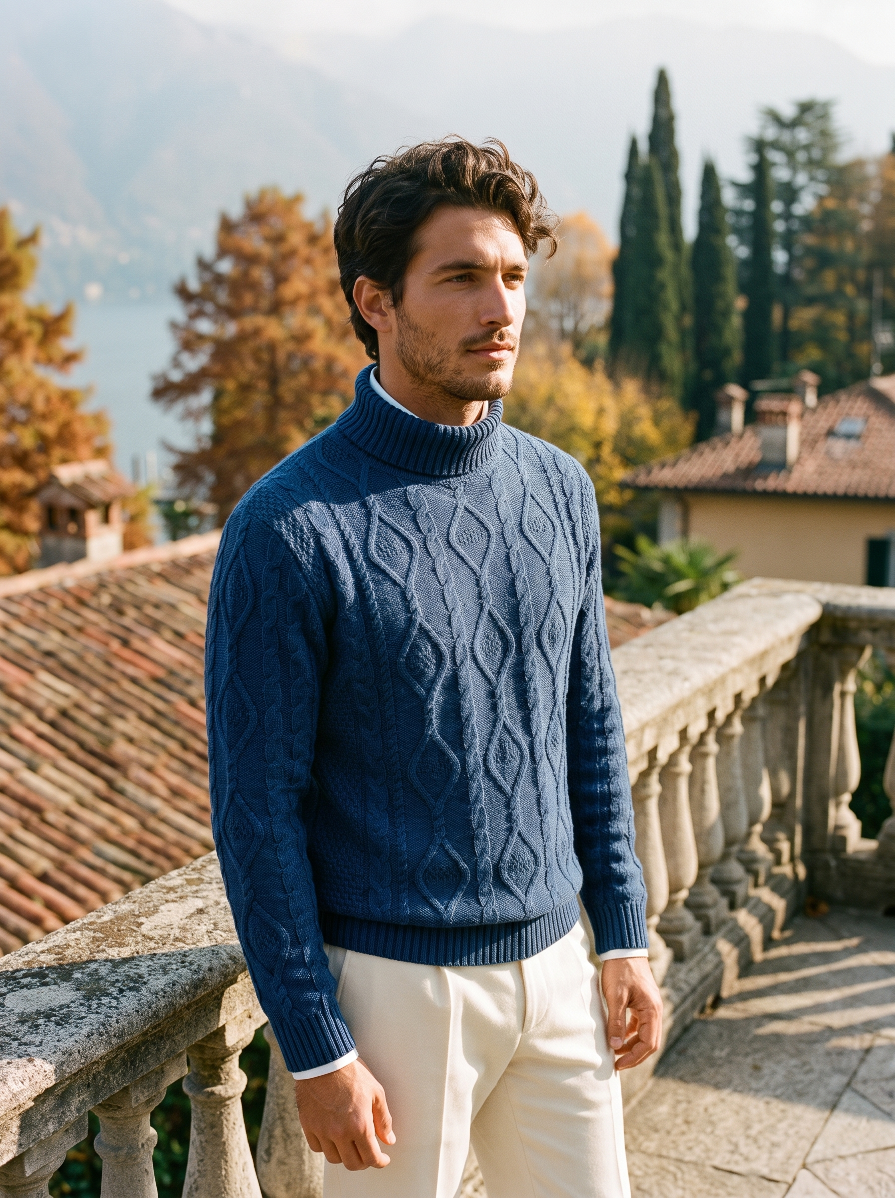Man wearing a navy blue diamond cable knit turtleneck sweater by Lake Como — Aveloire