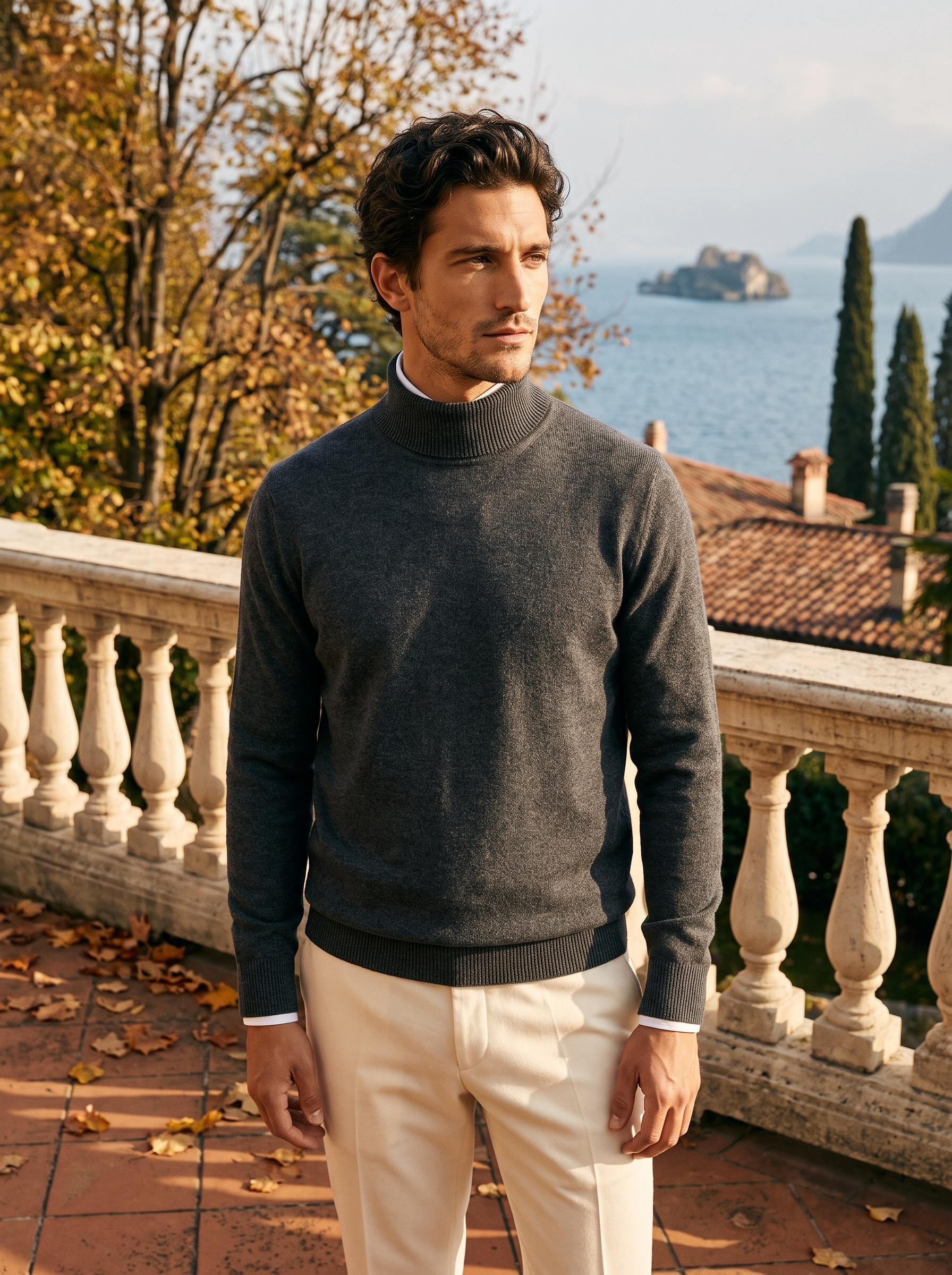 Man wearing a dark gray pure wool turtleneck sweater by Lake Como — Aveloire