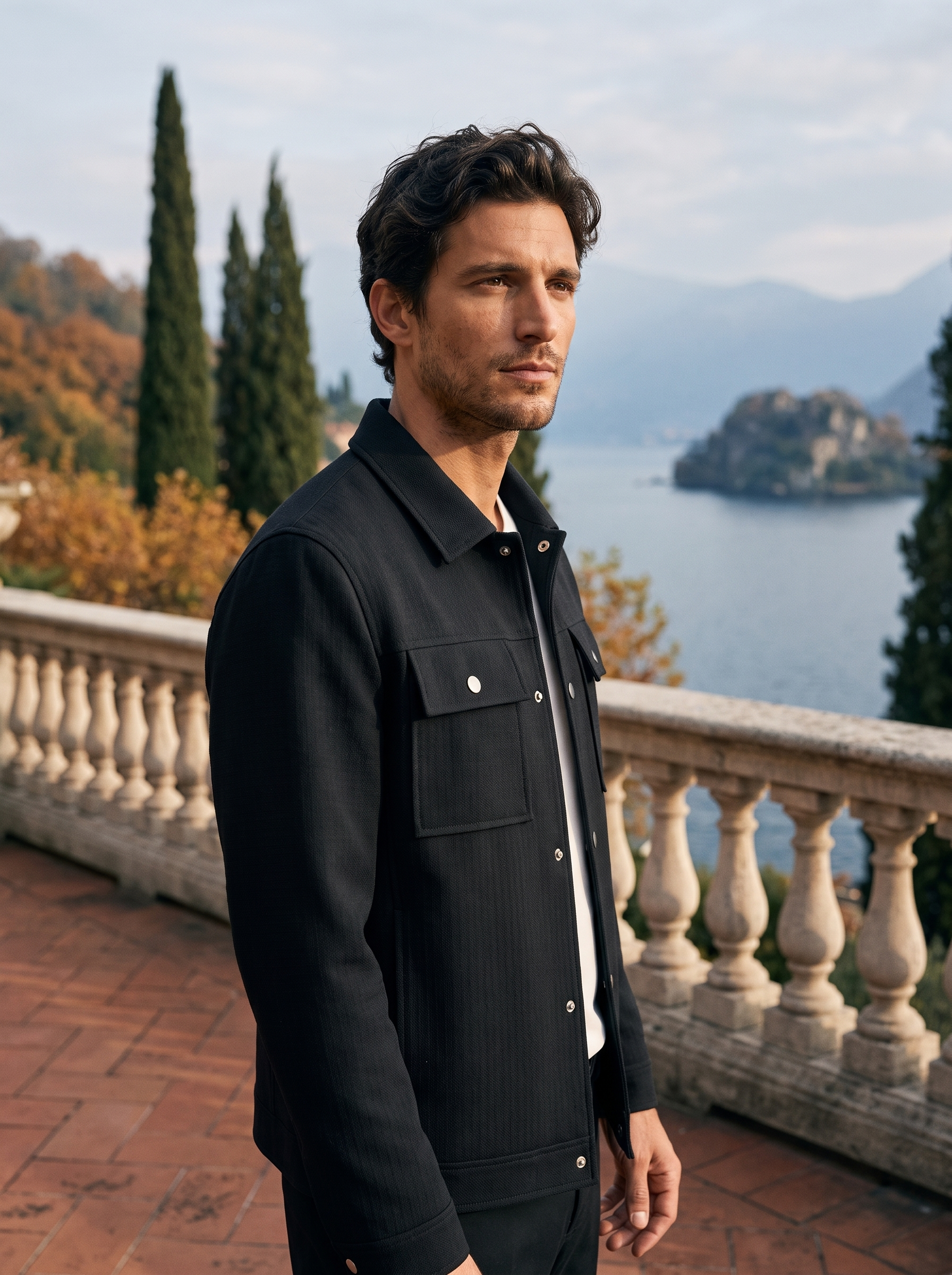 Black shirt jacket for men, worn on a Lake Como terrace — Aveloire