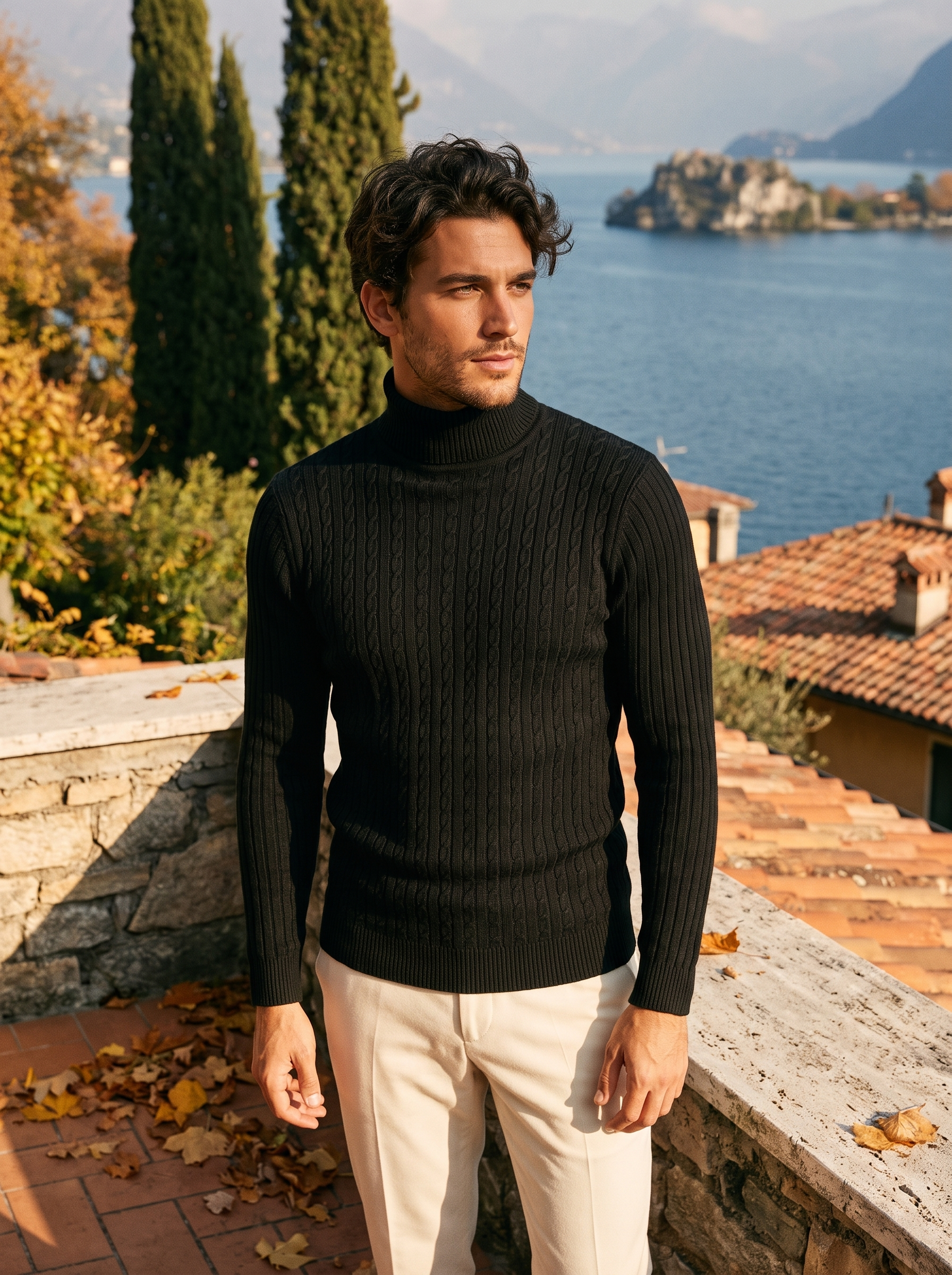 Man wearing a black cable knit turtleneck sweater by the lake — Aveloire