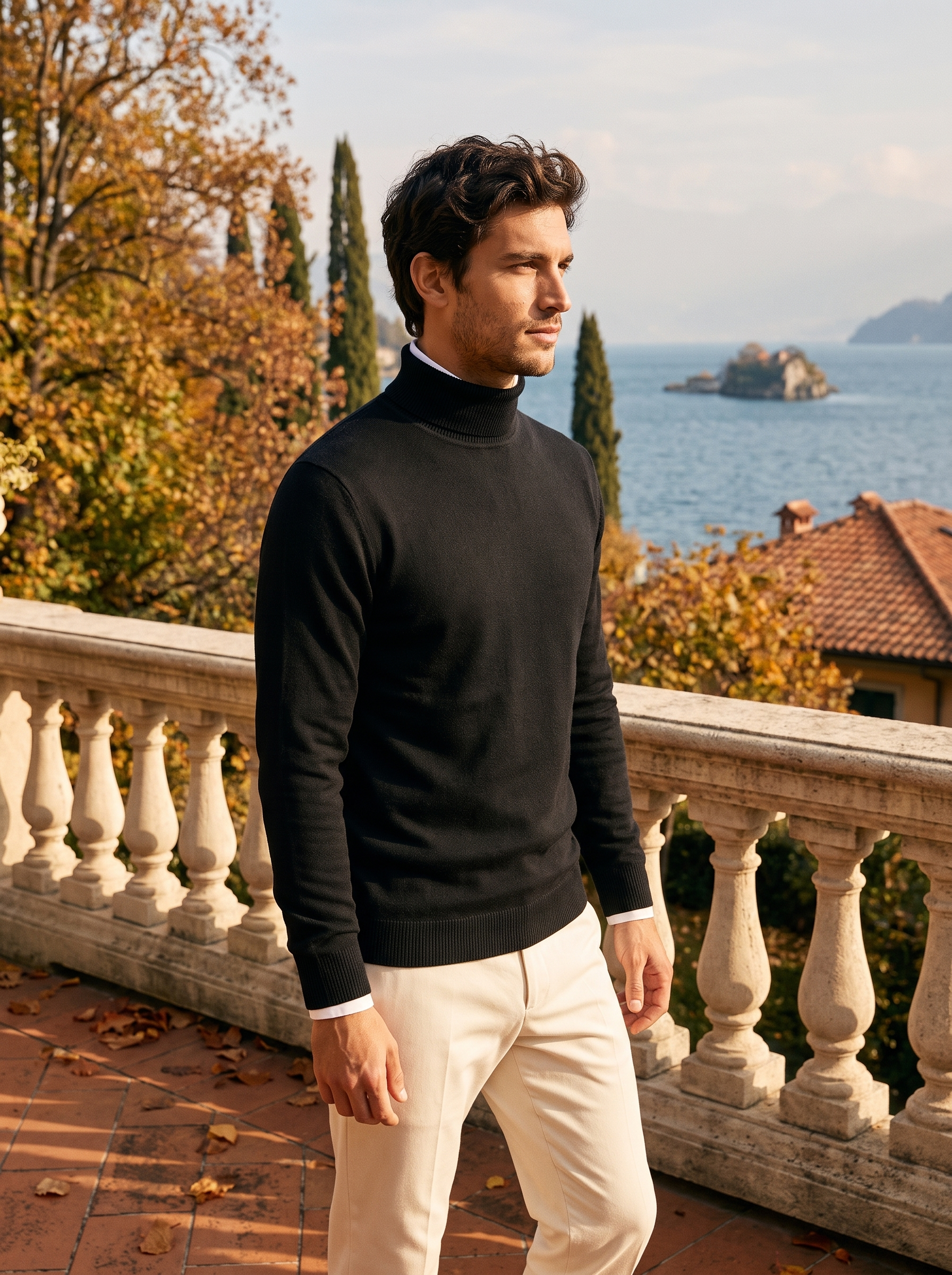 Man wearing a black wool turtleneck sweater by Lake Como - Aveloire