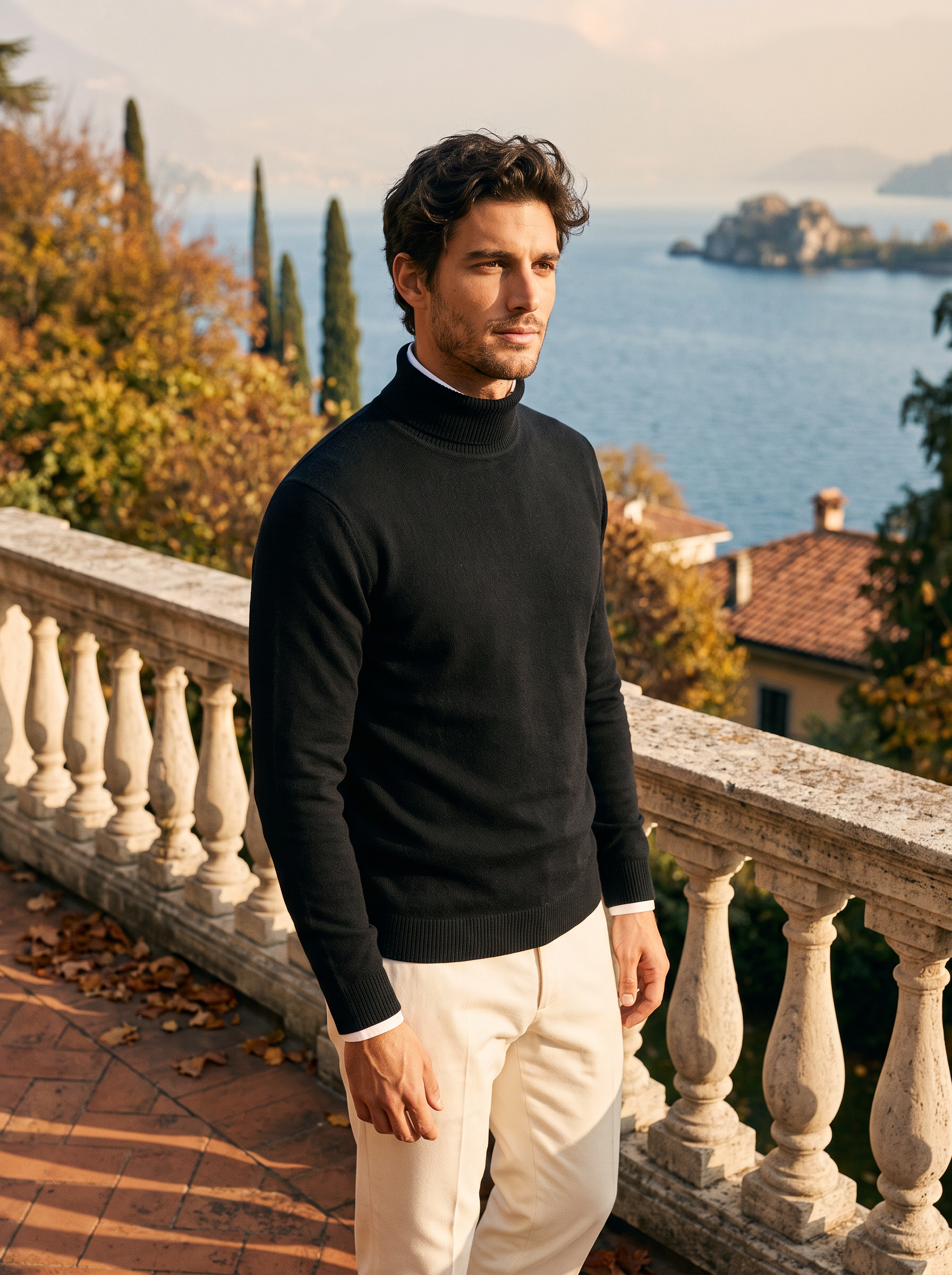 Man wearing a black wool turtleneck sweater by Lake Como — Aveloire