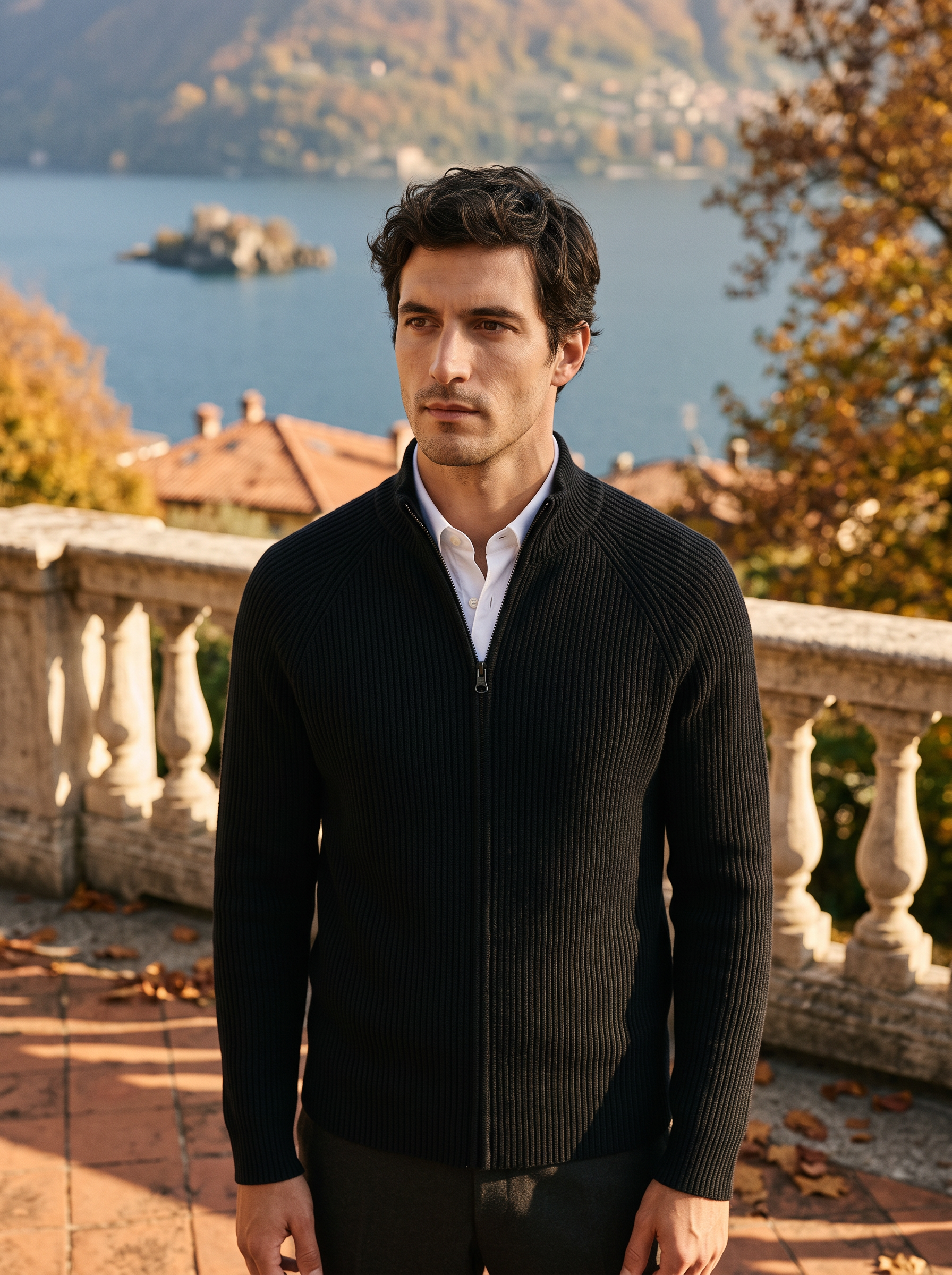 Man wearing a black ribbed knit zip up cardigan with stand collar — Aveloire