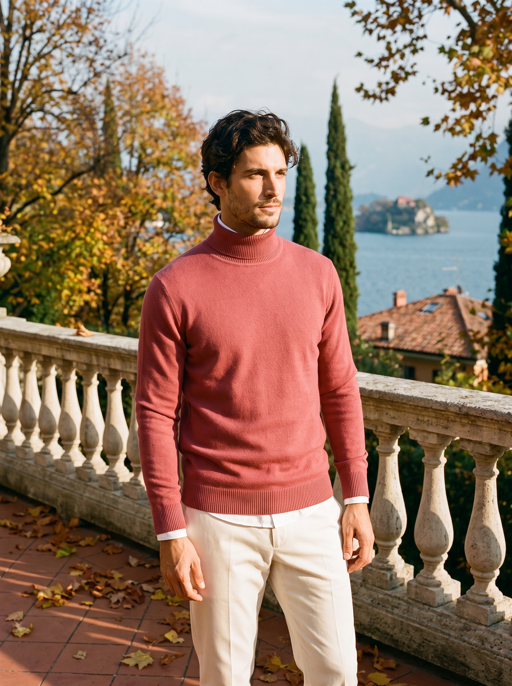 Man wearing a dusty rose wool turtleneck sweater by Lake Como - Aveloire