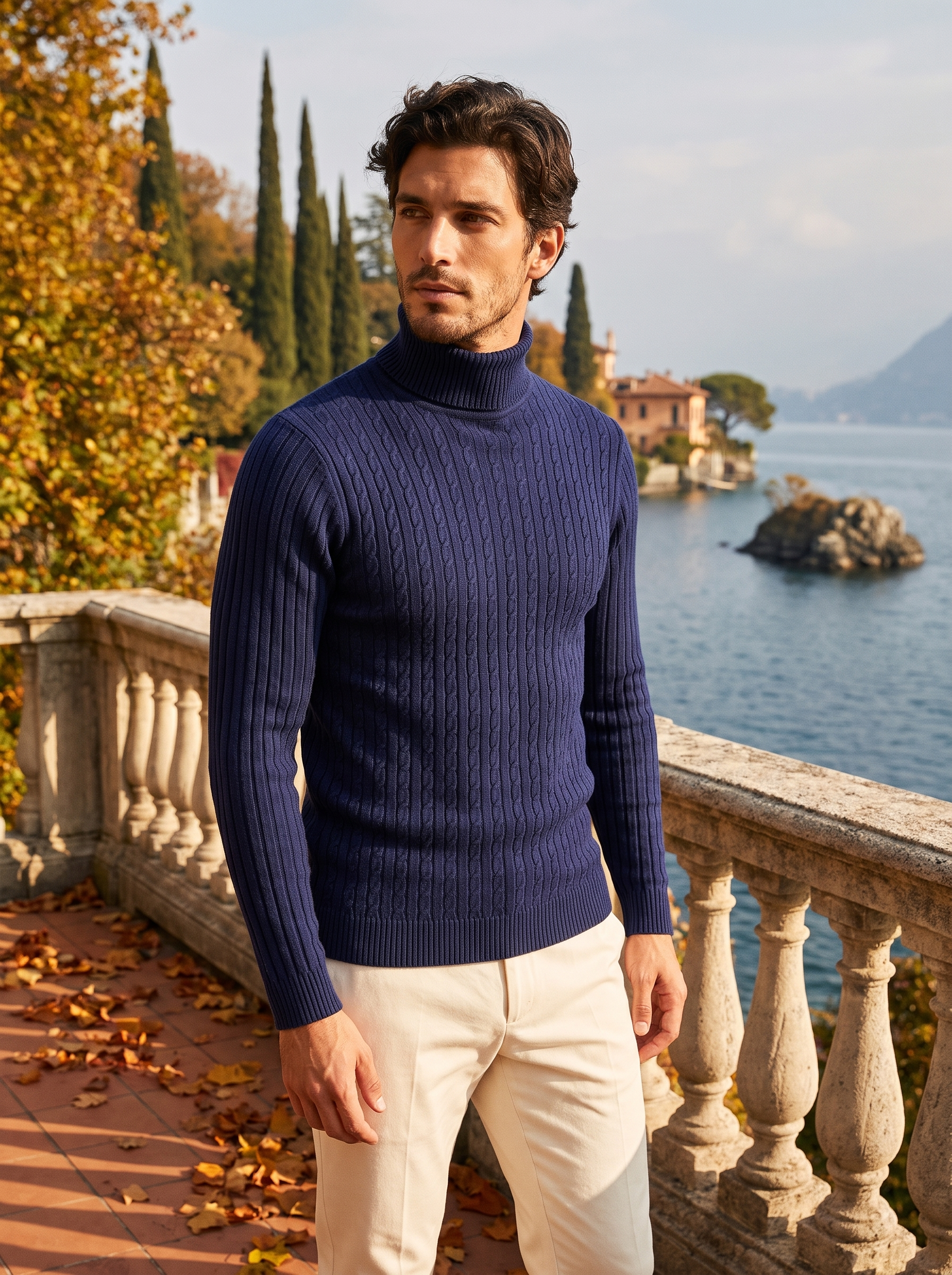 Man wearing a navy cable knit turtleneck sweater by the lake — Aveloire