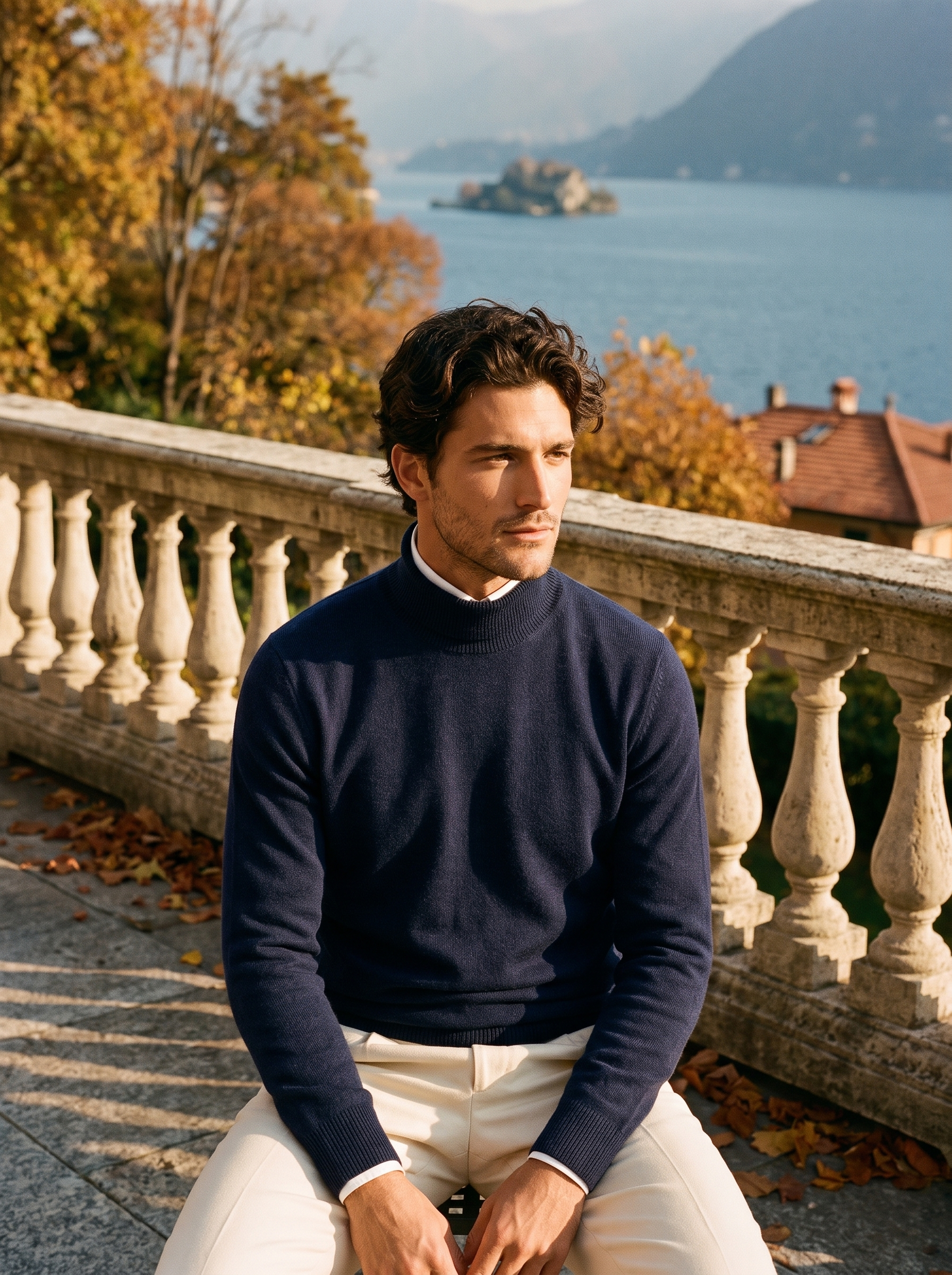 Man wearing a navy pure wool turtleneck sweater by Lake Como — Aveloire