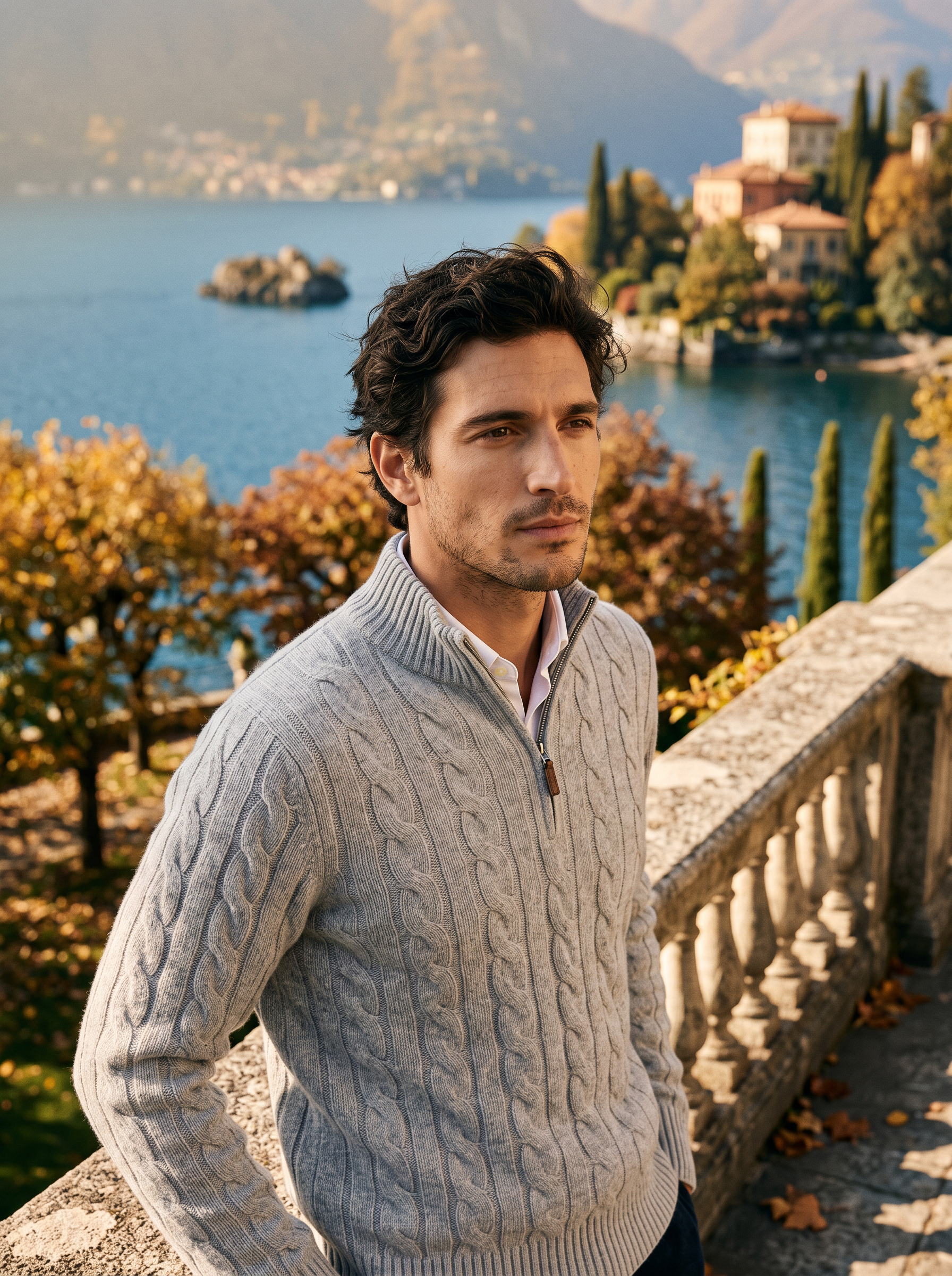 Man wearing a light gray wool quarter zip mock neck sweater by Lake Como — Aveloire