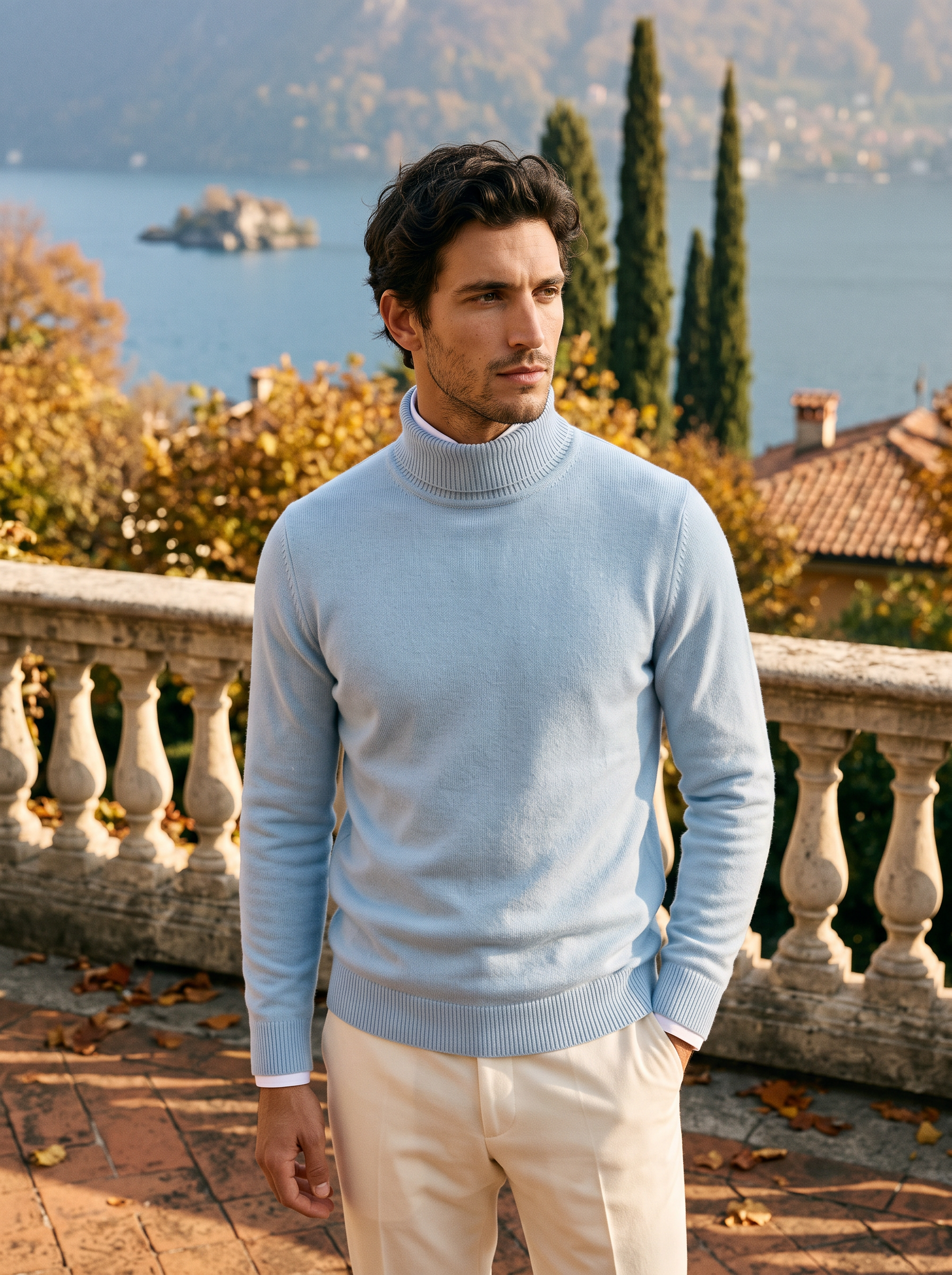 Man wearing a misty blue wool turtleneck sweater by Lake Como - Aveloire