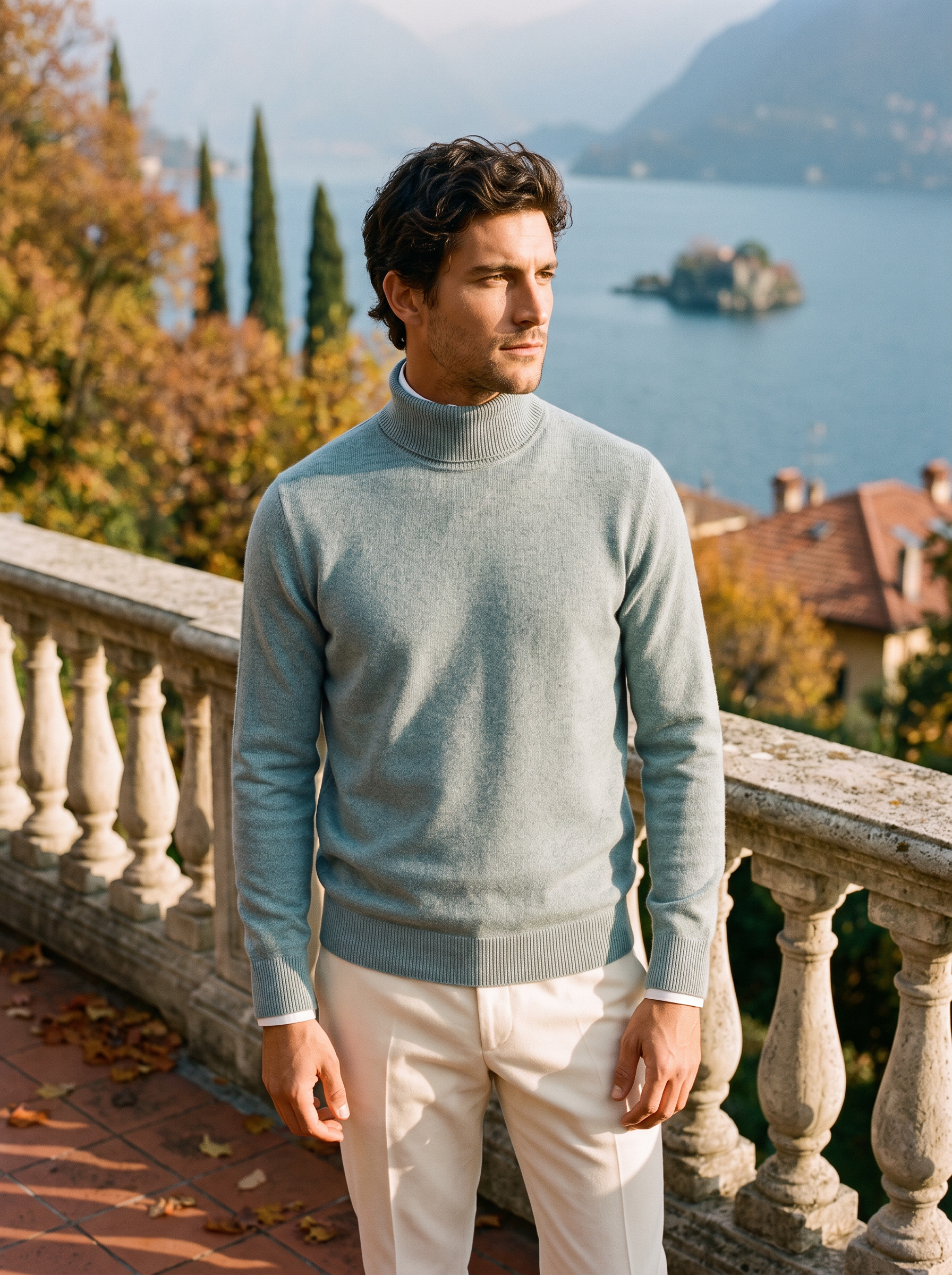 Man wearing a misty blue pure wool turtleneck sweater by Lake Como — Aveloire