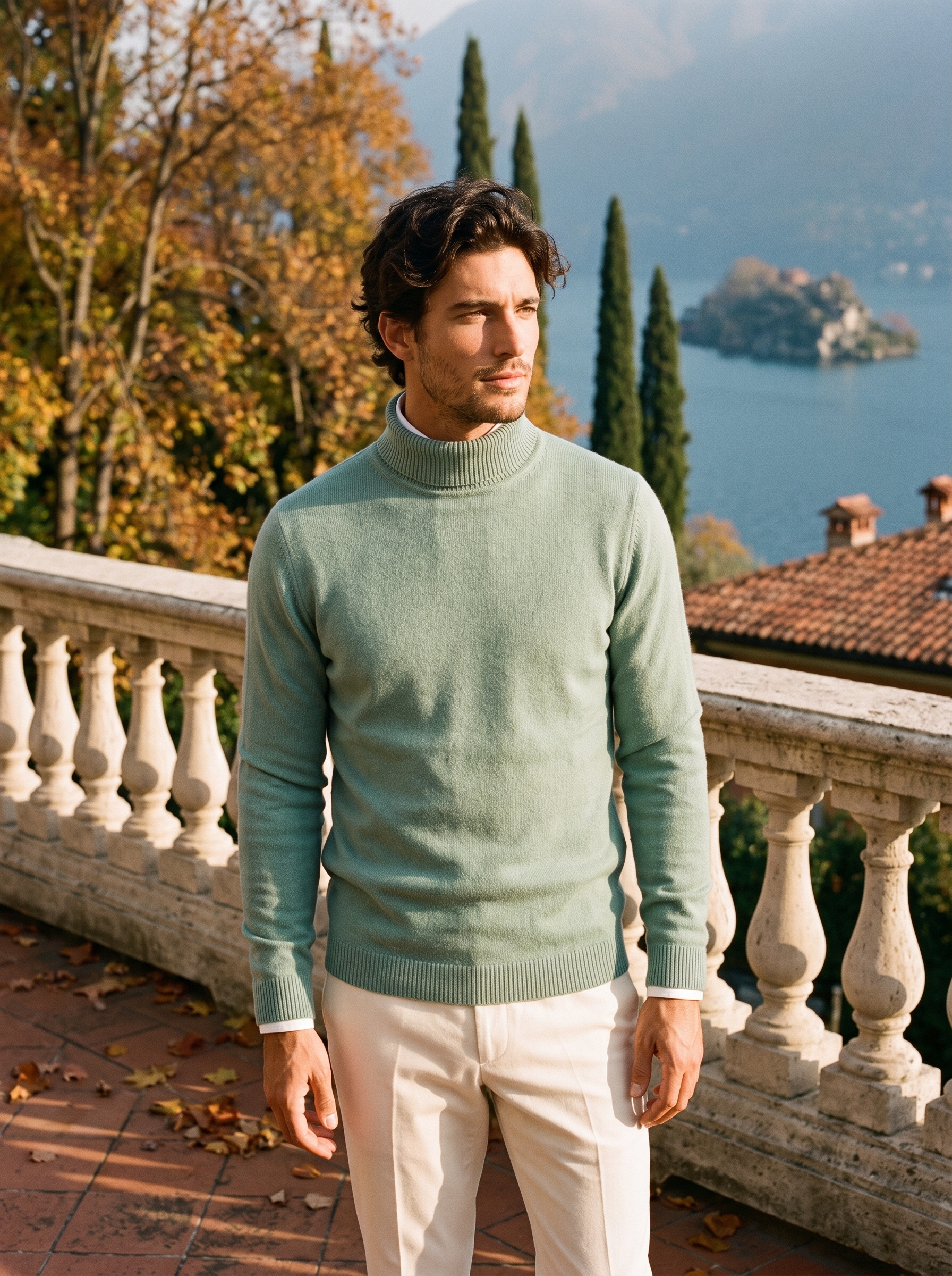 Man wearing a sage green wool turtleneck sweater by Lake Como — Aveloire