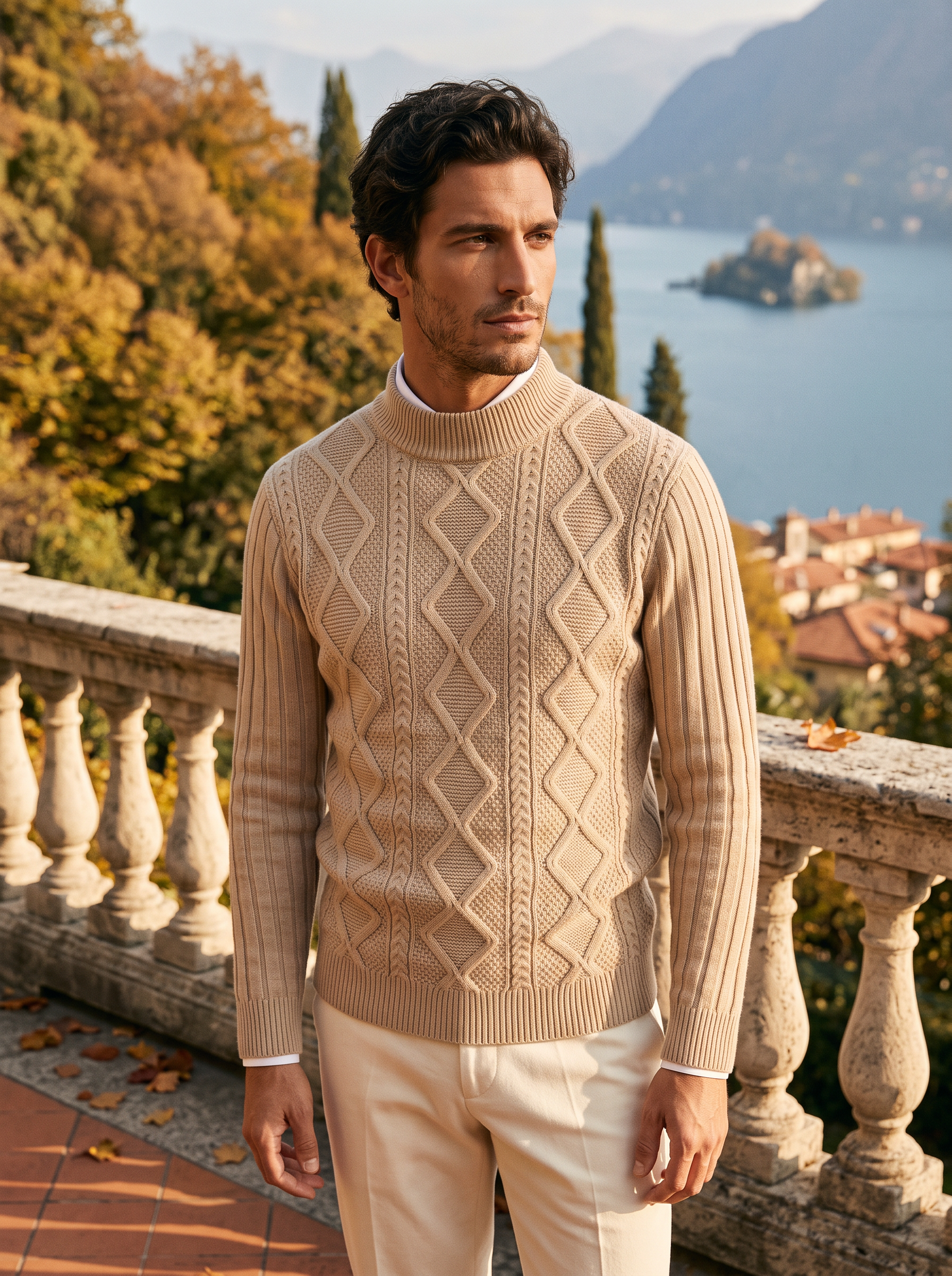 Man wearing a khaki cable knit mock neck sweater on a terrace by Lake Como - Aveloire