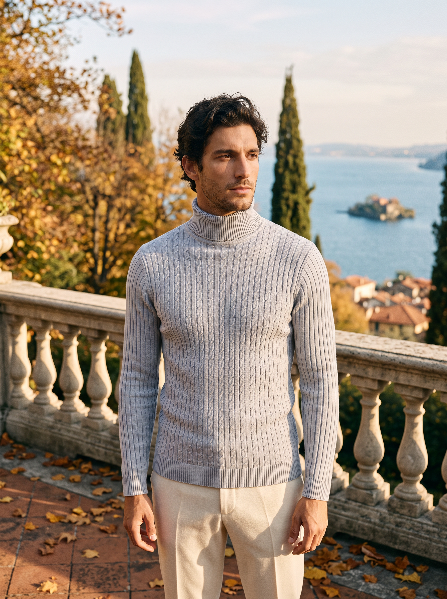 Man wearing a light gray cable knit turtleneck sweater by the lake — Aveloire