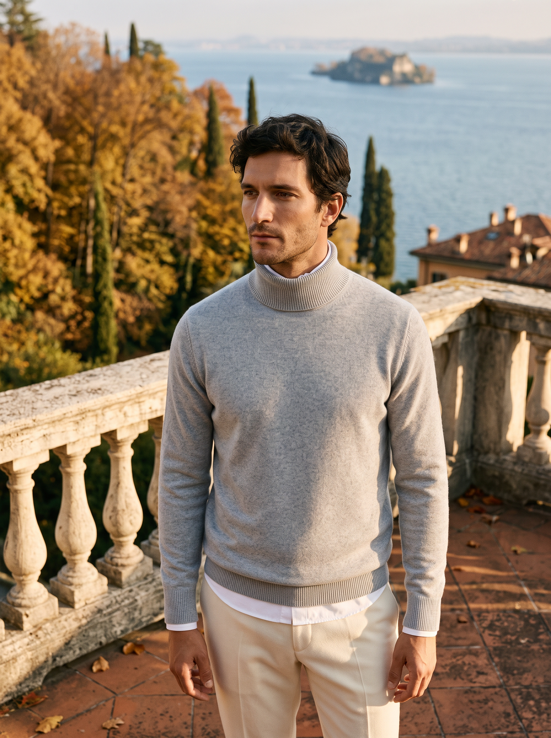 Man wearing a light gray pure wool turtleneck sweater by Lake Como — Aveloire