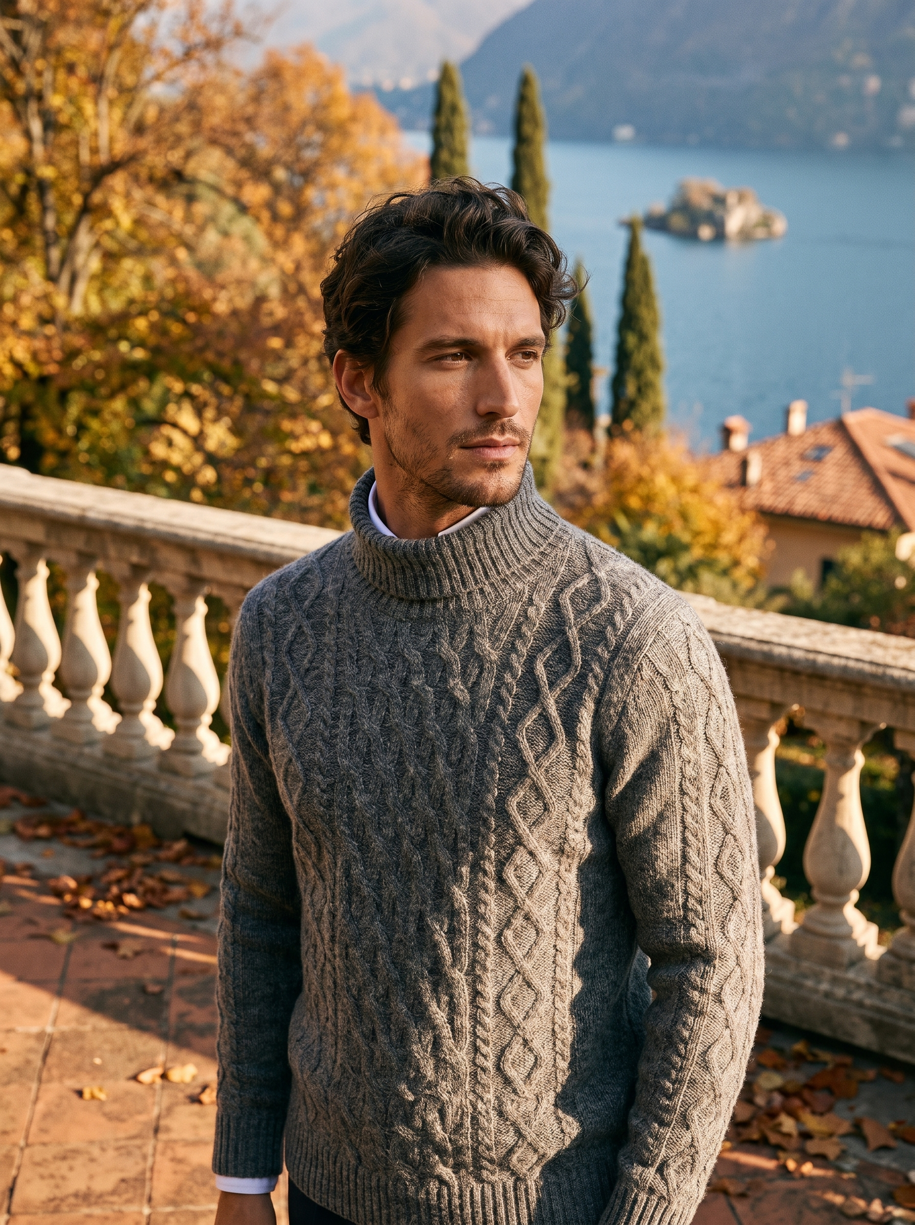 Man wearing a gray wool cable knit turtleneck sweater by Lake Como — Aveloire