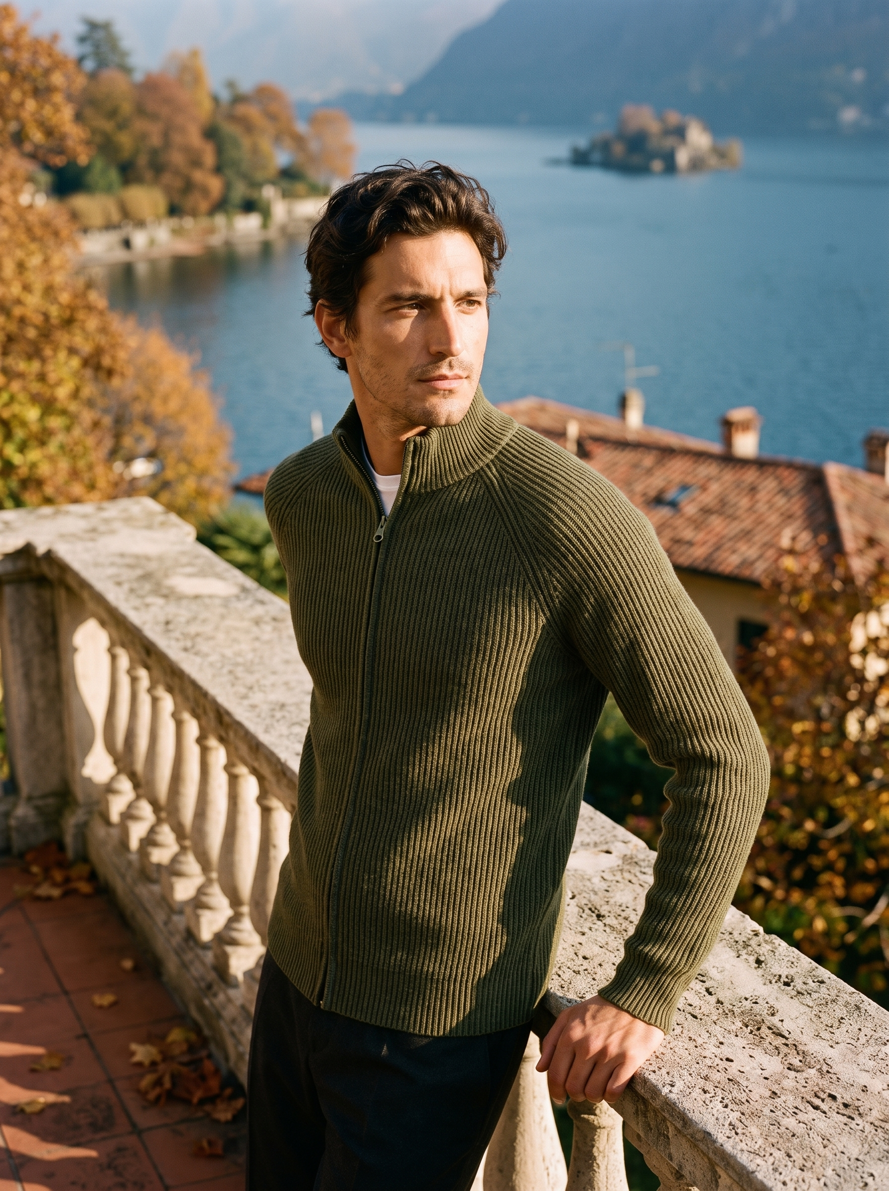 Man wearing an army green ribbed knit zip up sweater cardigan, full-zip front — Aveloire