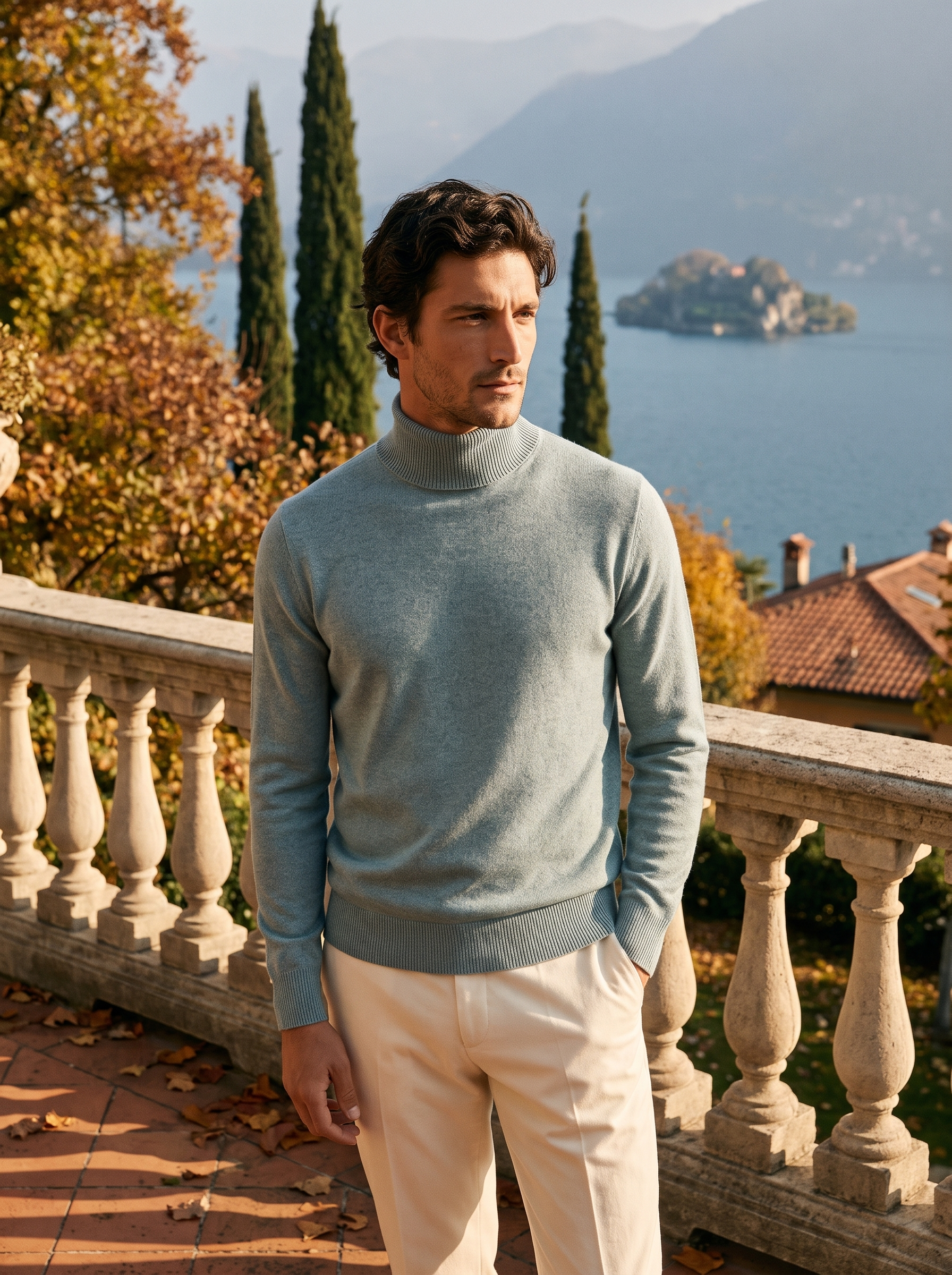 Misty blue wool turtleneck sweater for men, front view — Aveloire