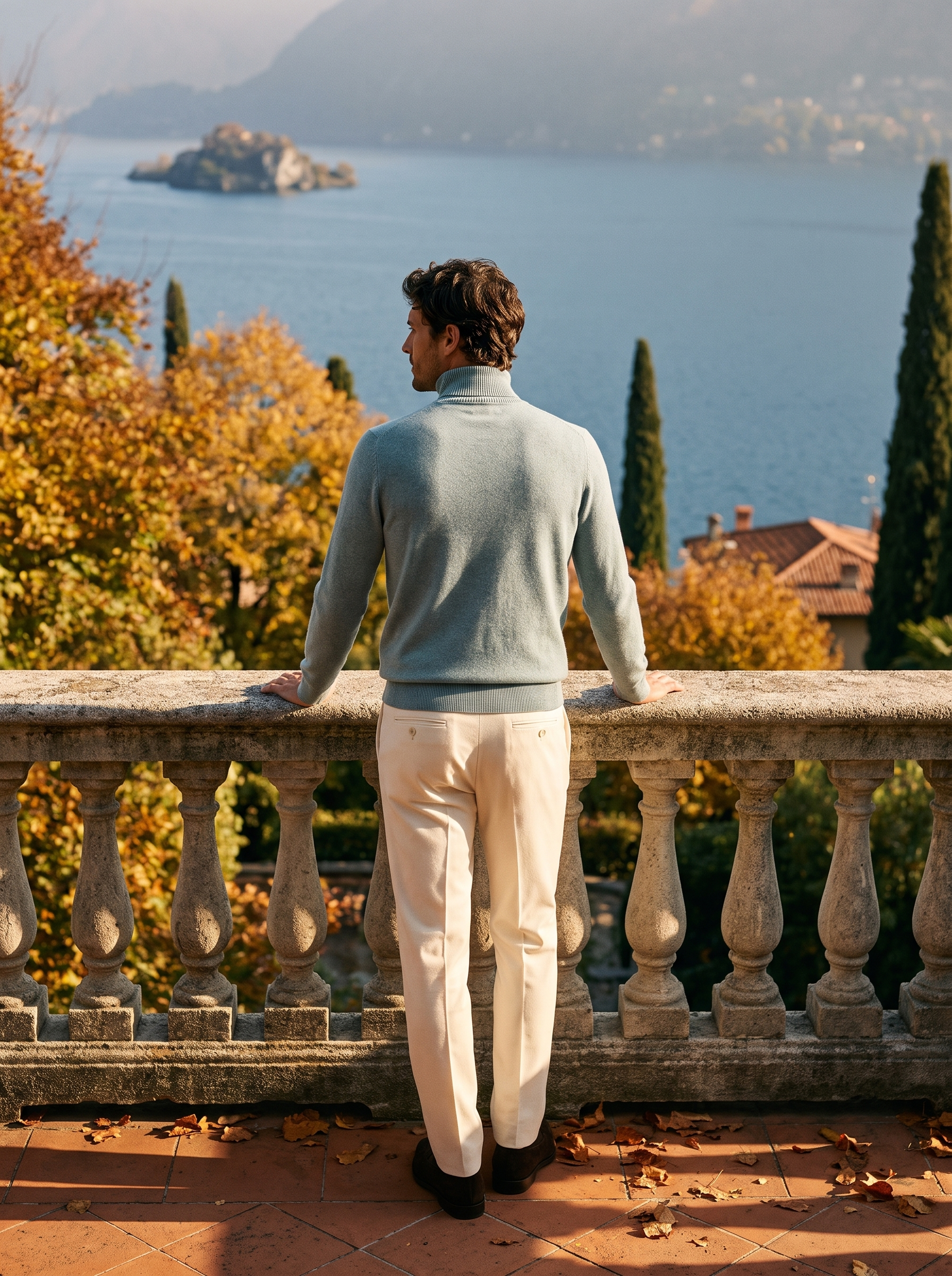 Misty blue wool turtleneck sweater for men, back view — Aveloire