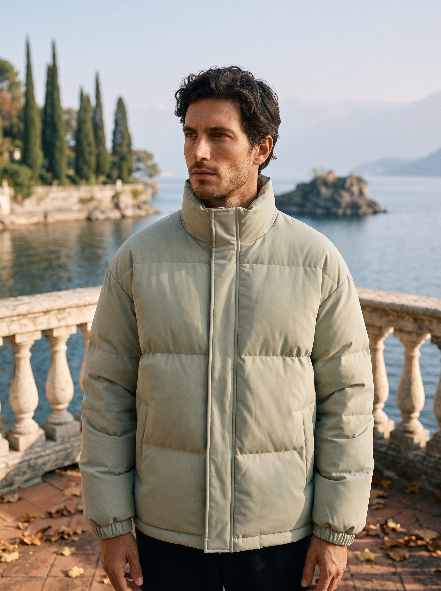 Sage green puffer jacket for men, worn on a Lake Como terrace — Aveloire