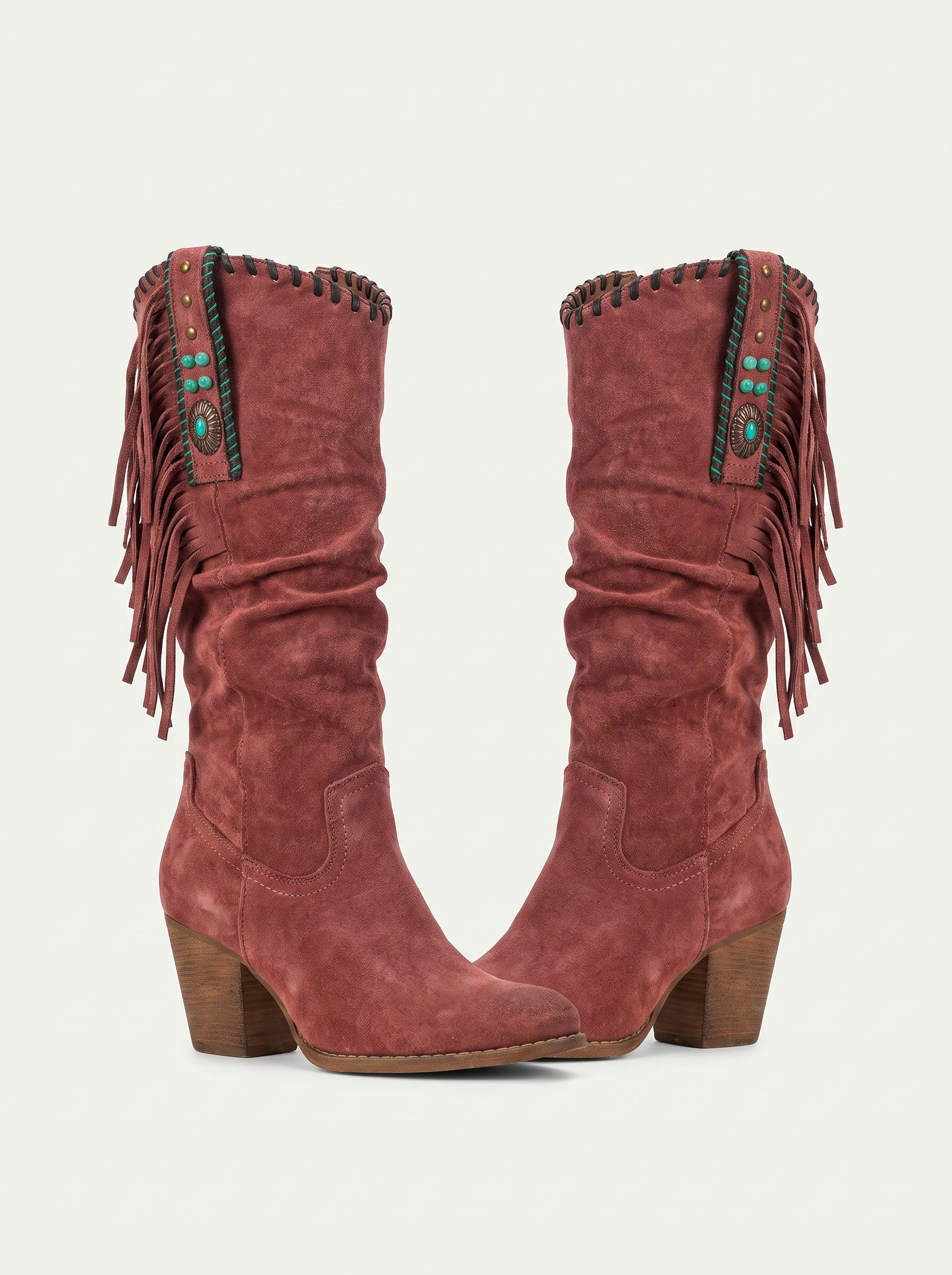 Red fringed western knee high boots flat lay product photo — Zoey by Aveloire