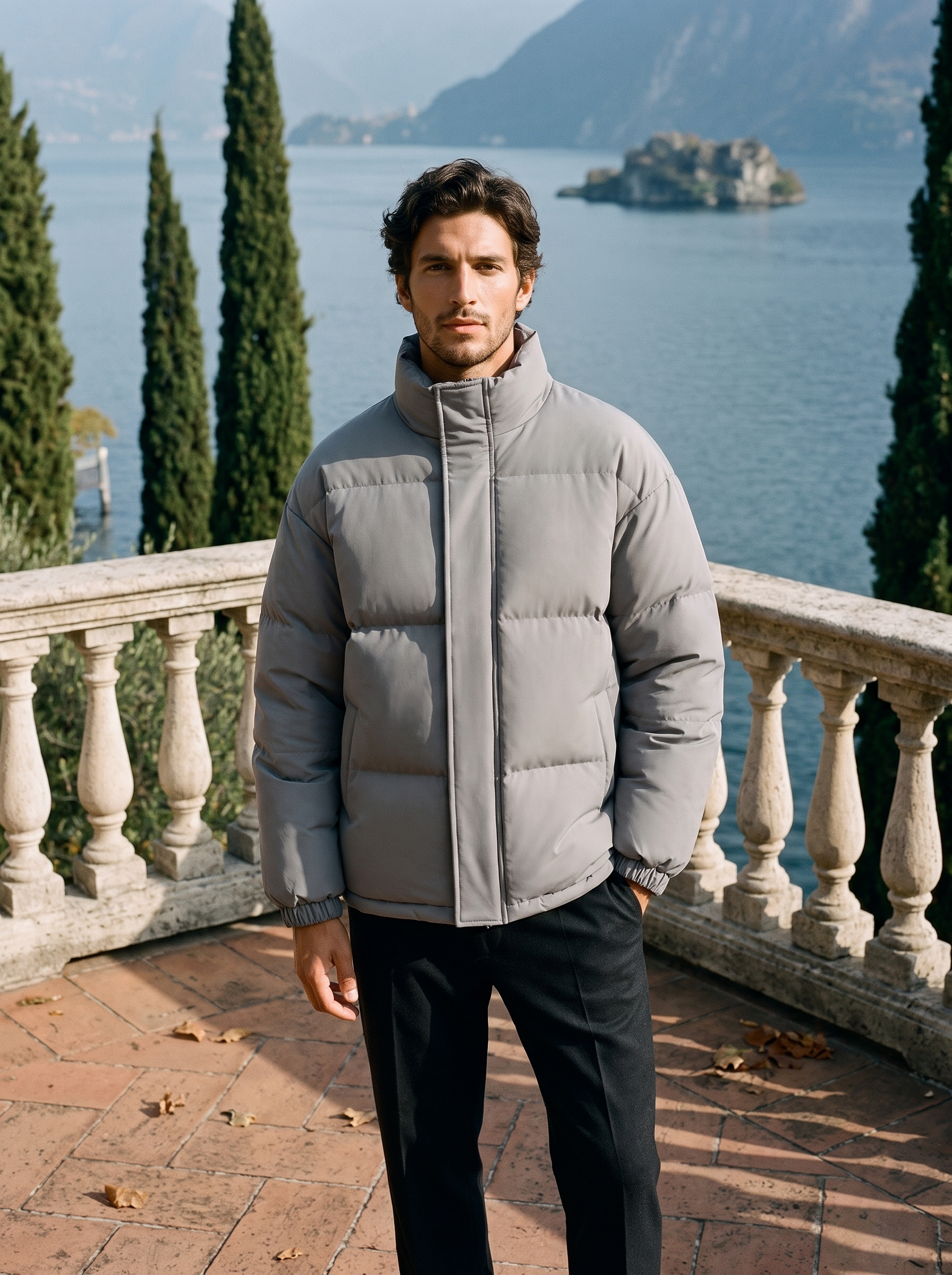 Light gray puffer jacket for men, front product shot — Aveloire