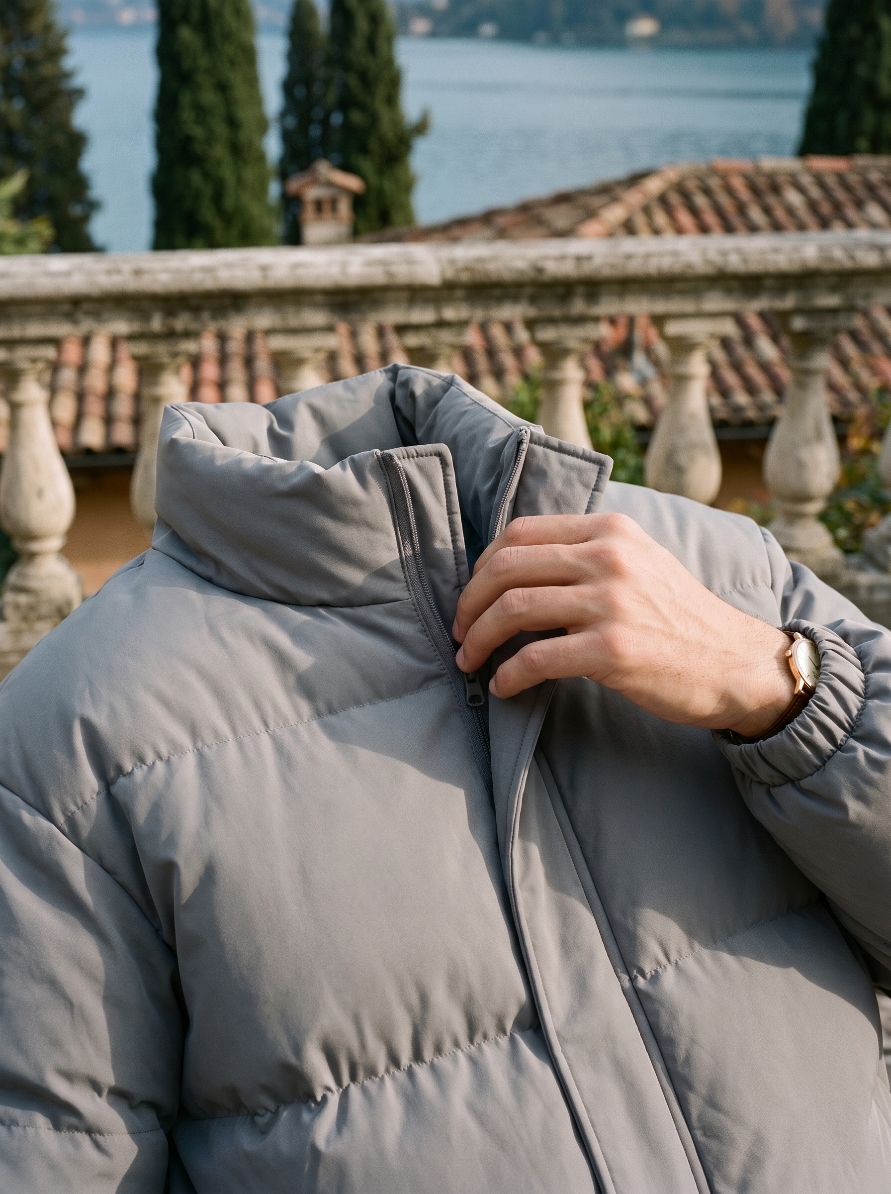 Close-up of the stand collar and zip on the light gray puffer jacket — Aveloire