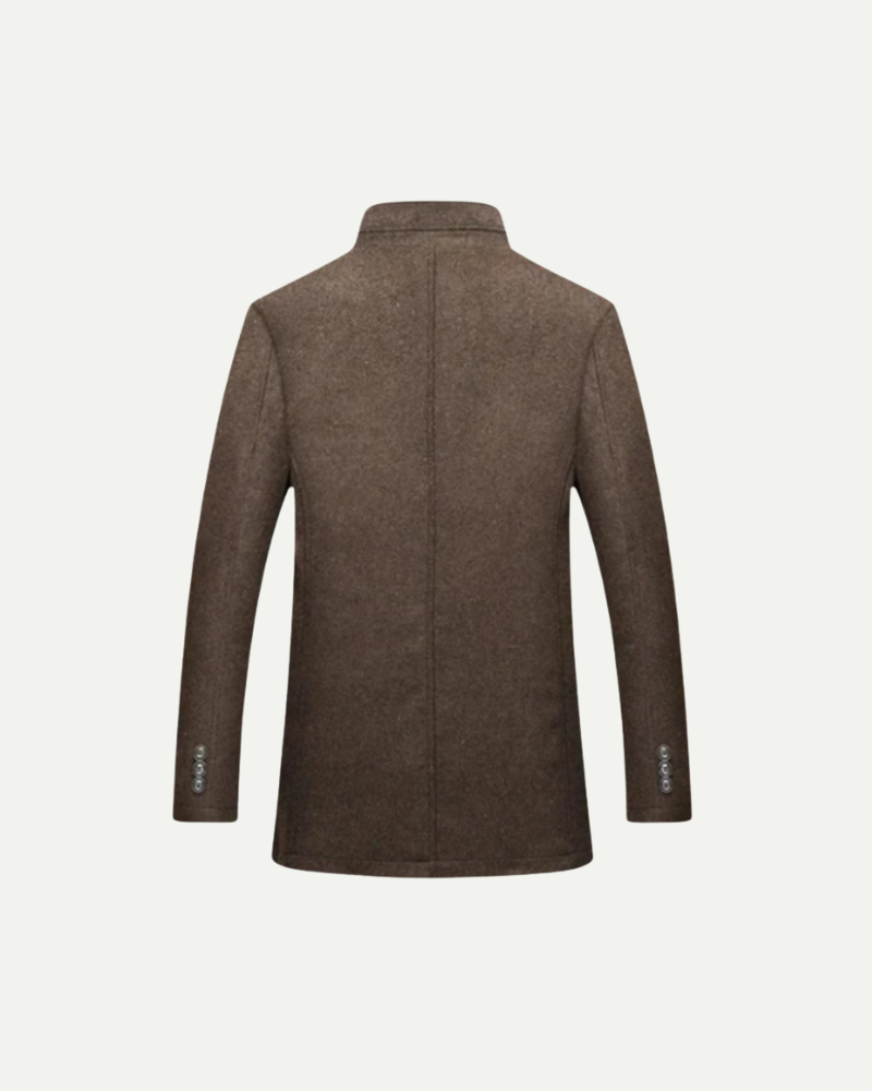 Brown overcoat with removable gilet for men, back product shot — Aveloire