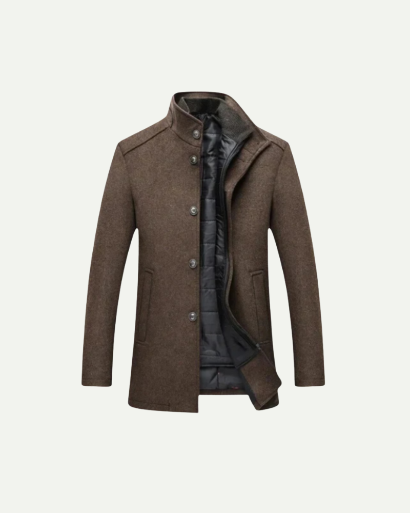 Brown stand collar overcoat for men shown open with the quilted gilet liner inside — Aveloire