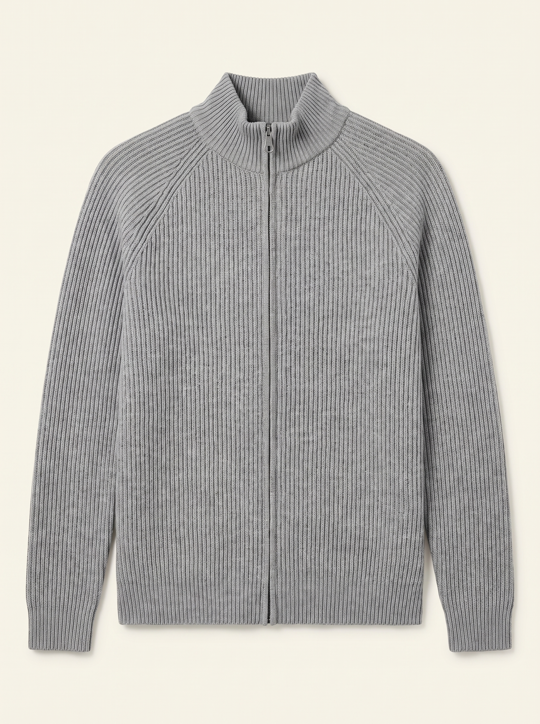 Light gray ribbed knit zip up cardigan flat lay product photo — Aveloire