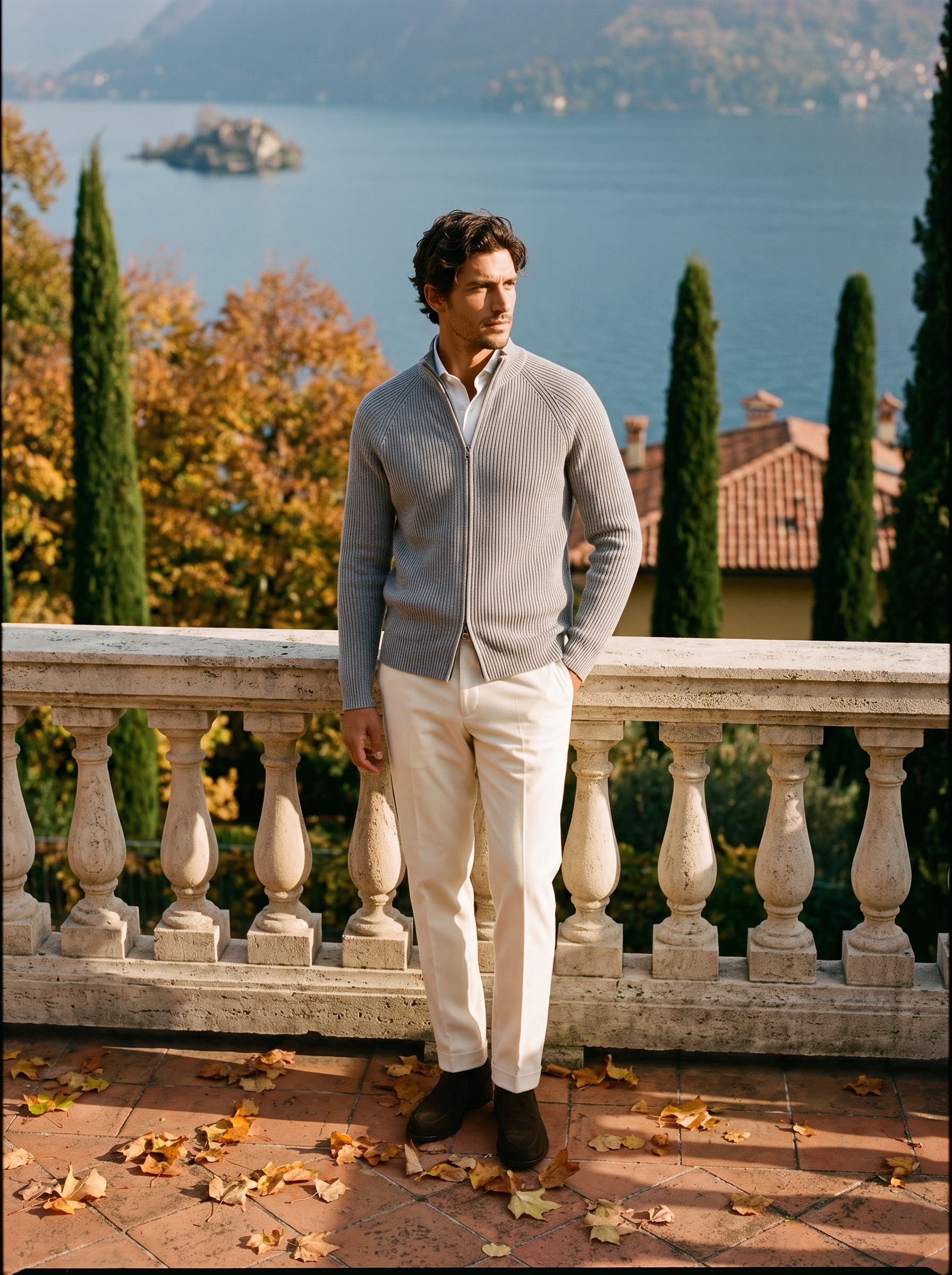 Light gray ribbed knit zip up cardigan for men, full-zip stand collar, front view — Aveloire