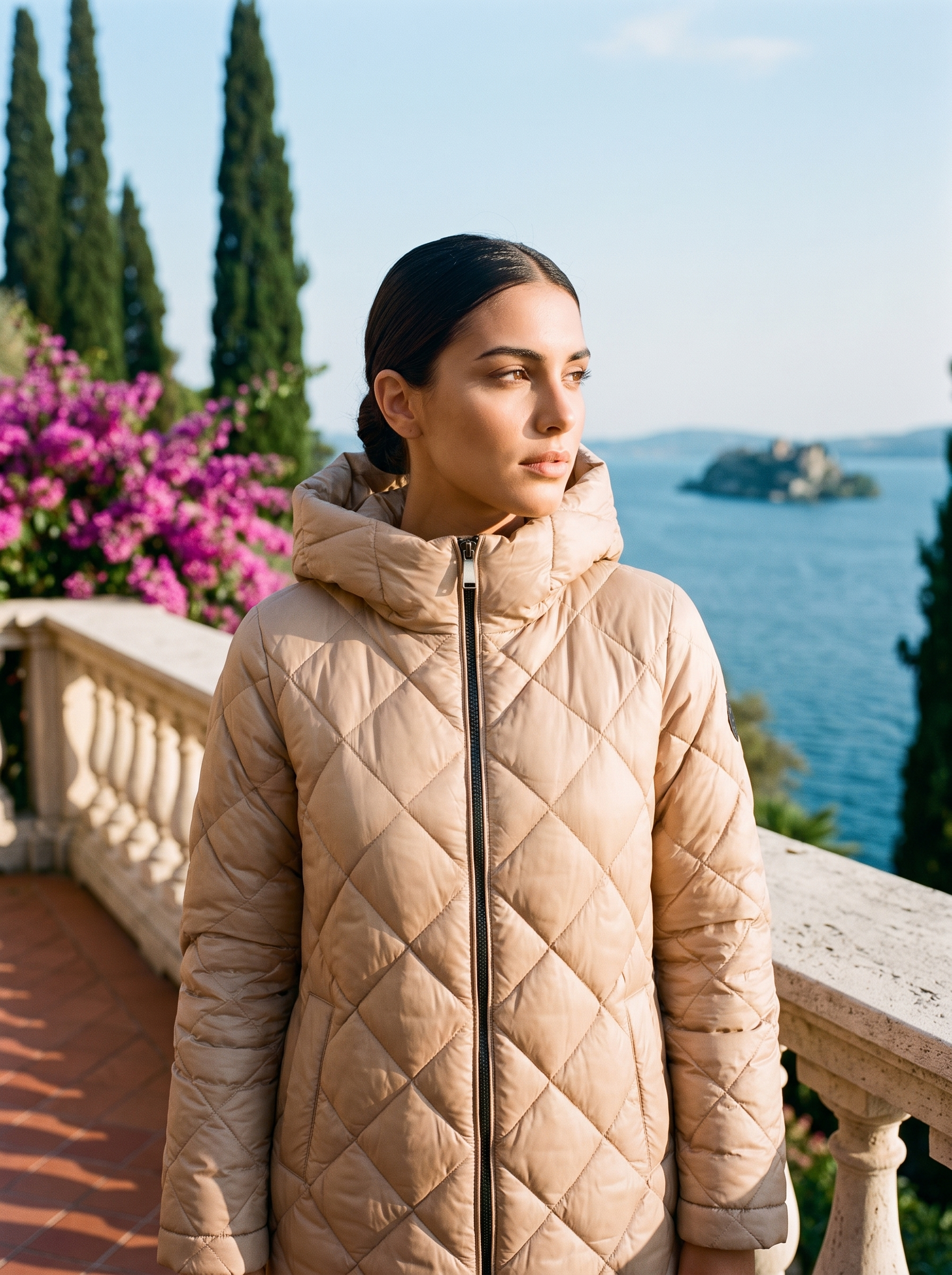 Woman wearing beige quilted coat on a Lake Como terrace — Aveloire
