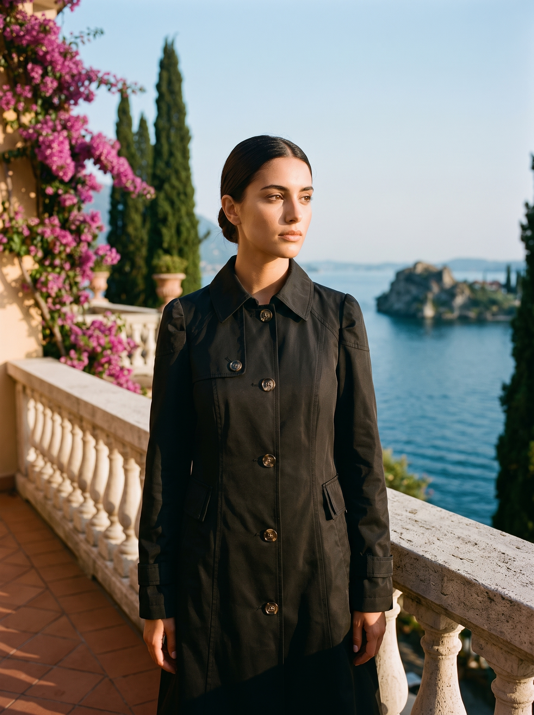 Woman wearing black rain coat on a Lake Como terrace — Aveloire