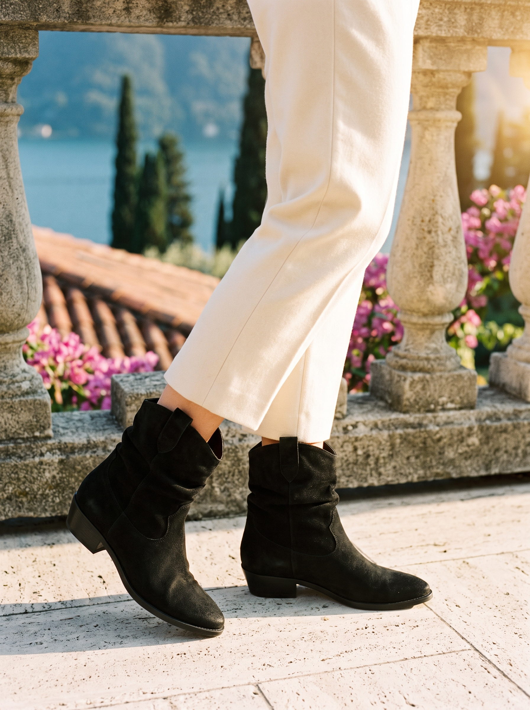 Woman wearing black suede-look slouch western ankle boots