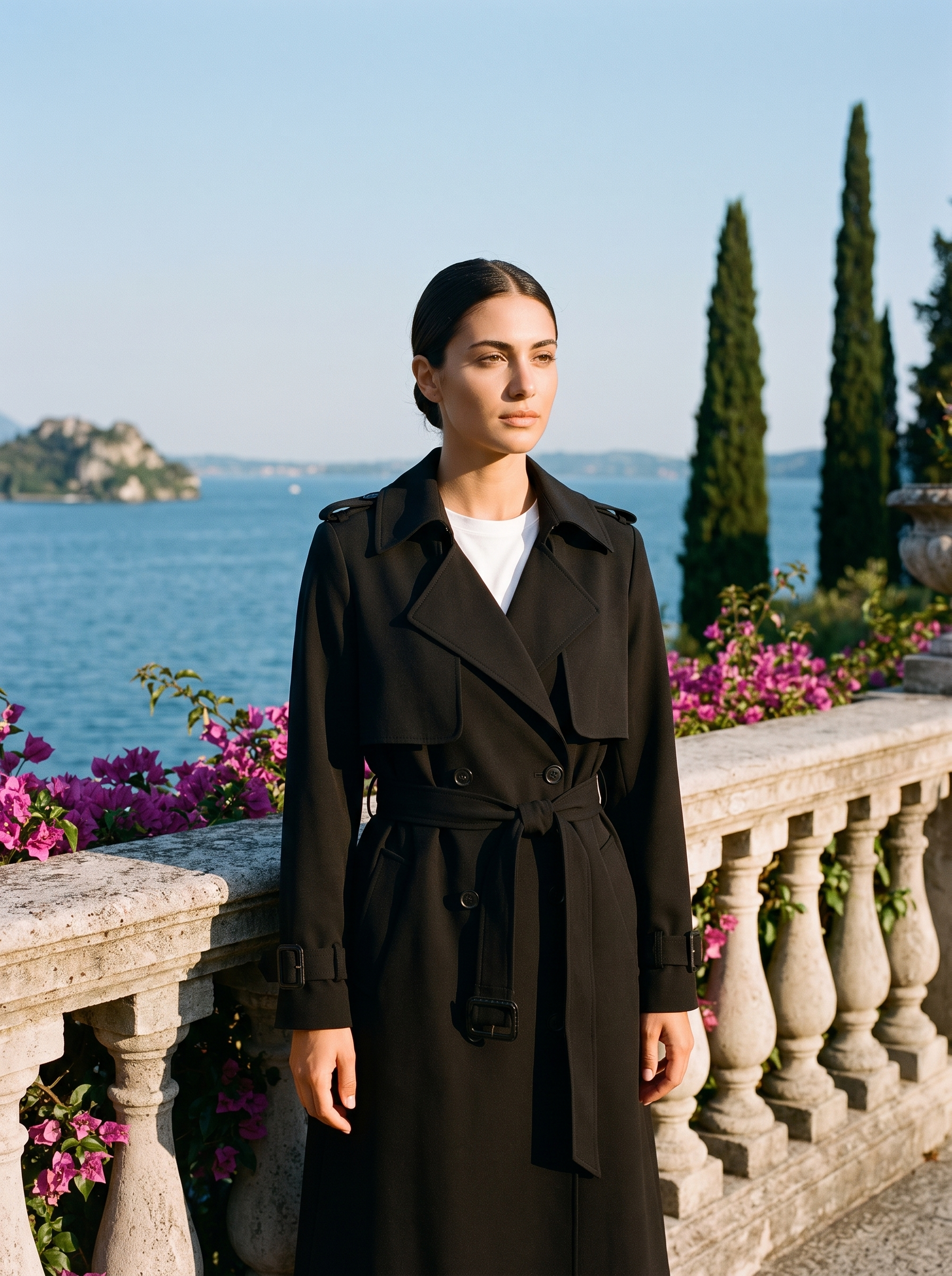 Woman wearing a black trench coat on a terrace overlooking Lake Como — Aveloire