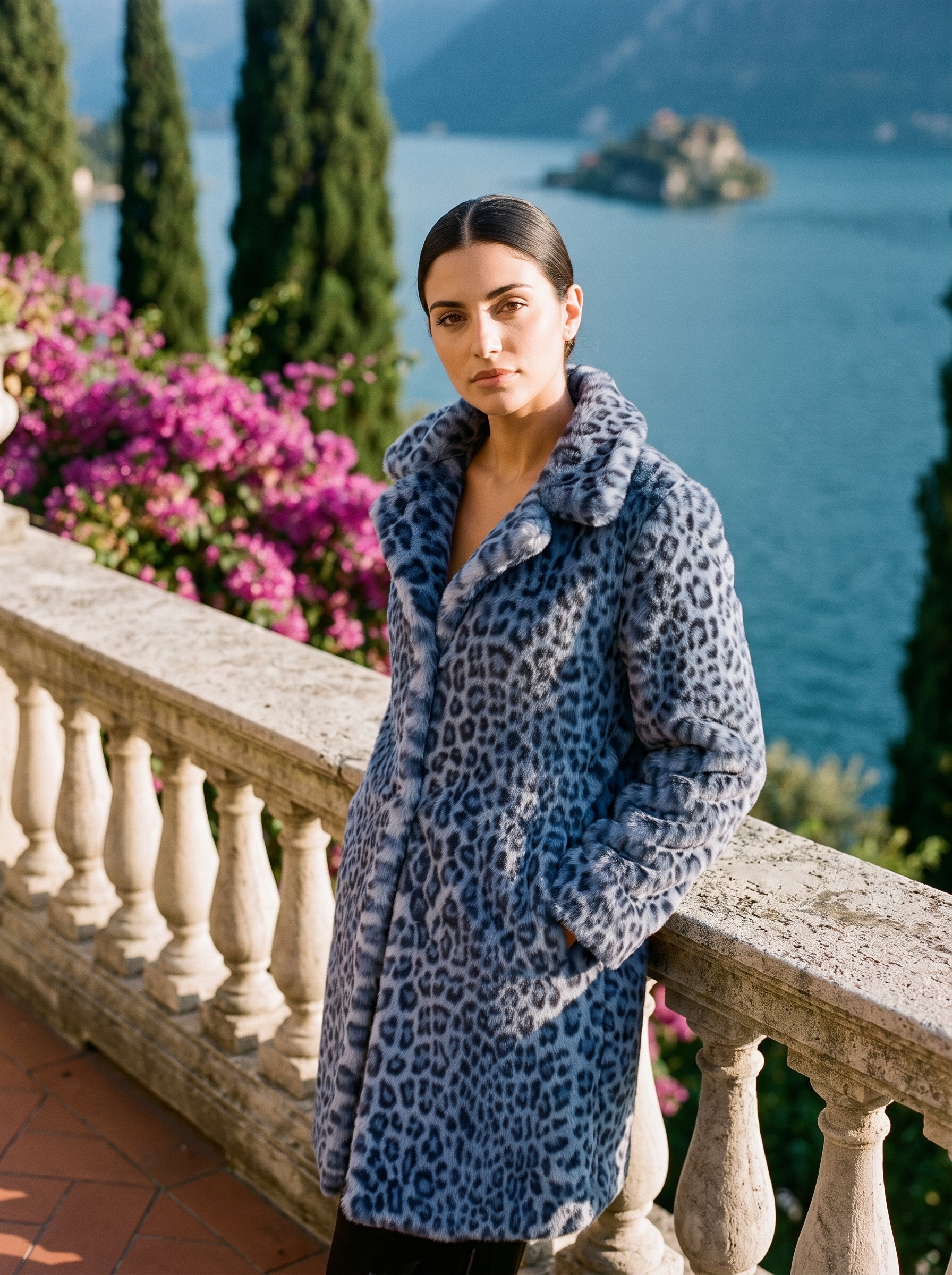Woman wearing steel blue leopard print faux fur coat on a Lake Como terrace