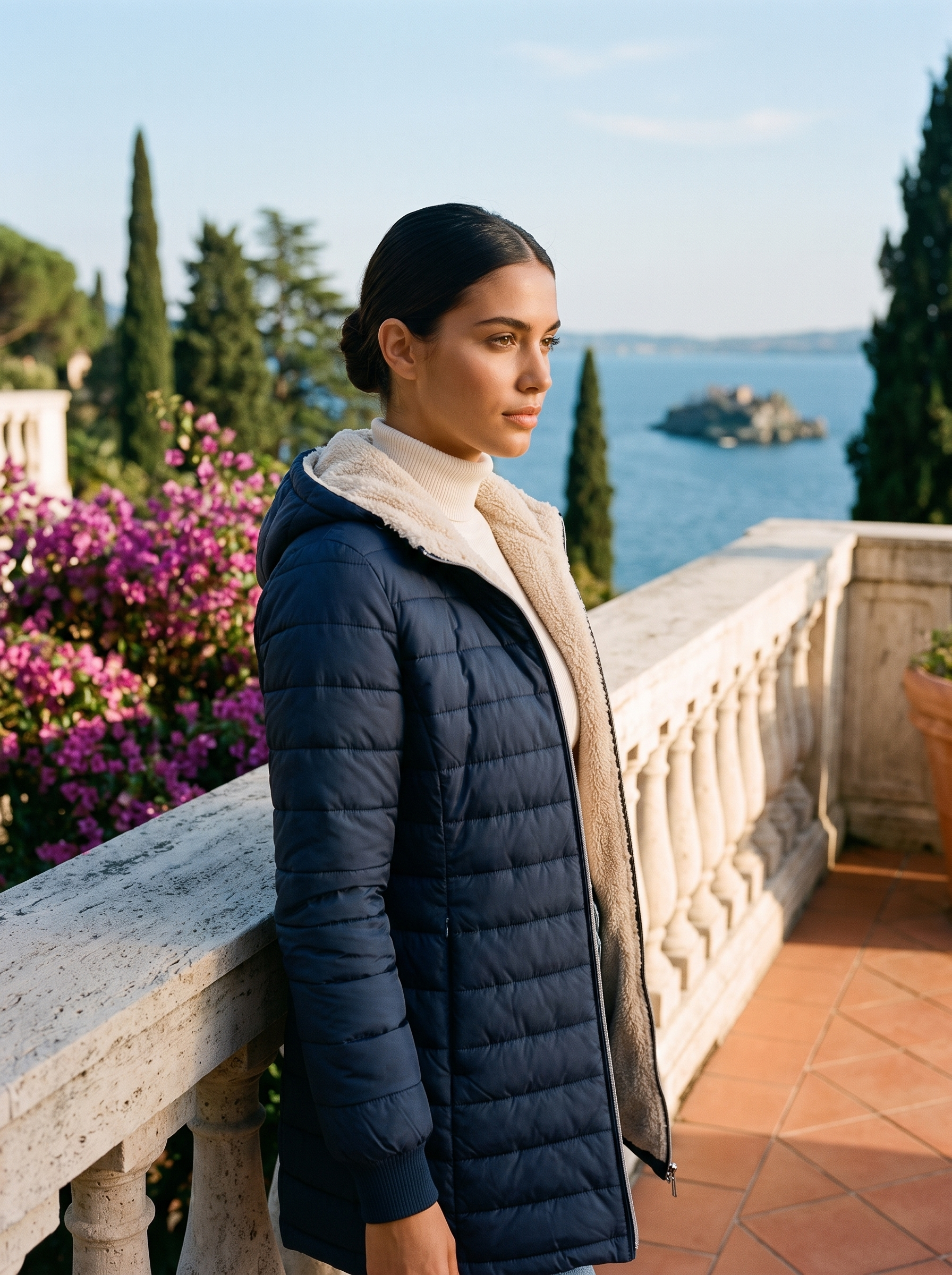 Woman wearing blue sherpa winter coat on a Lake Como terrace — Aveloire