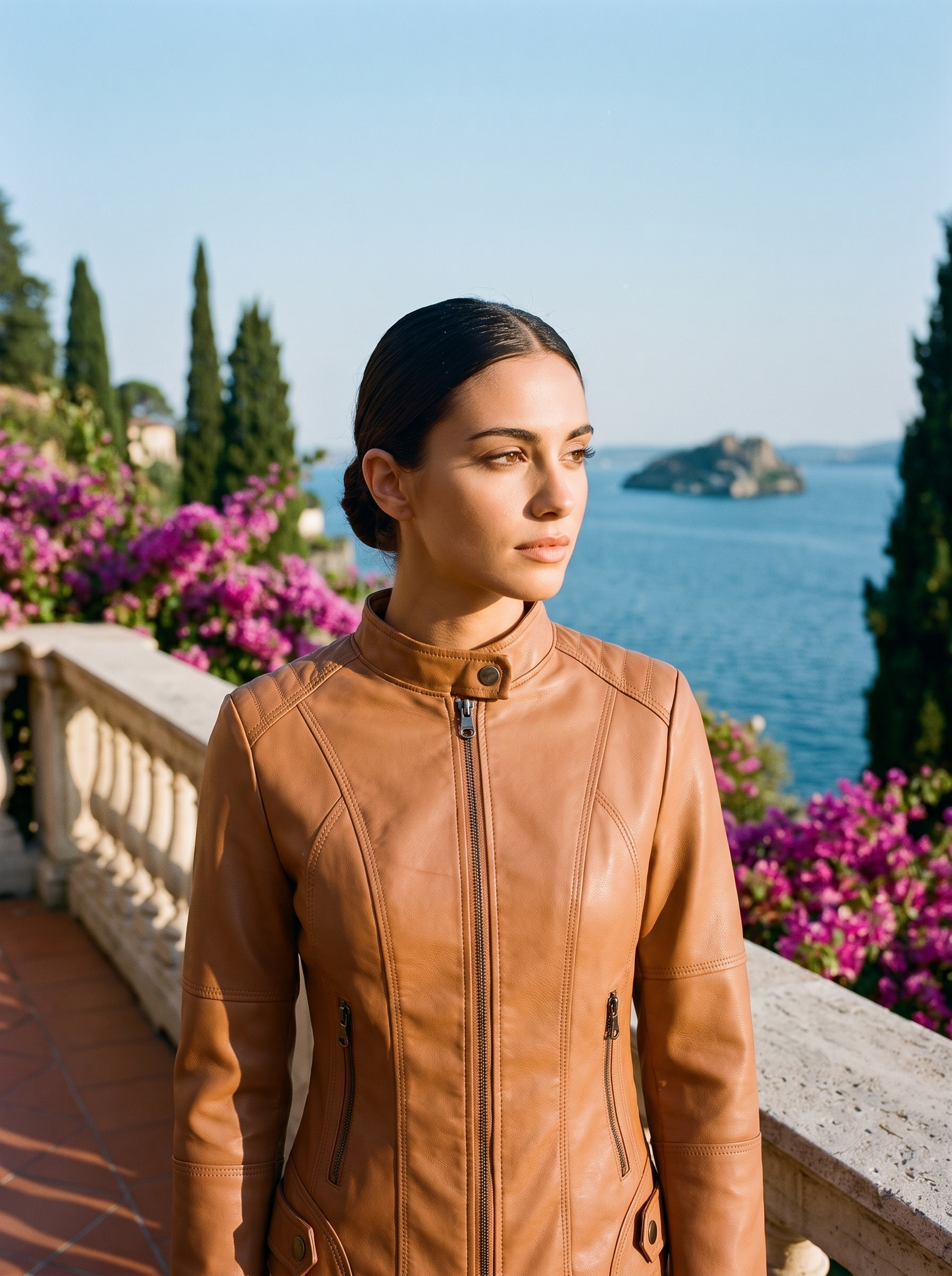 Woman wearing camel sleek jacket on a Lake Como terrace — Aveloire