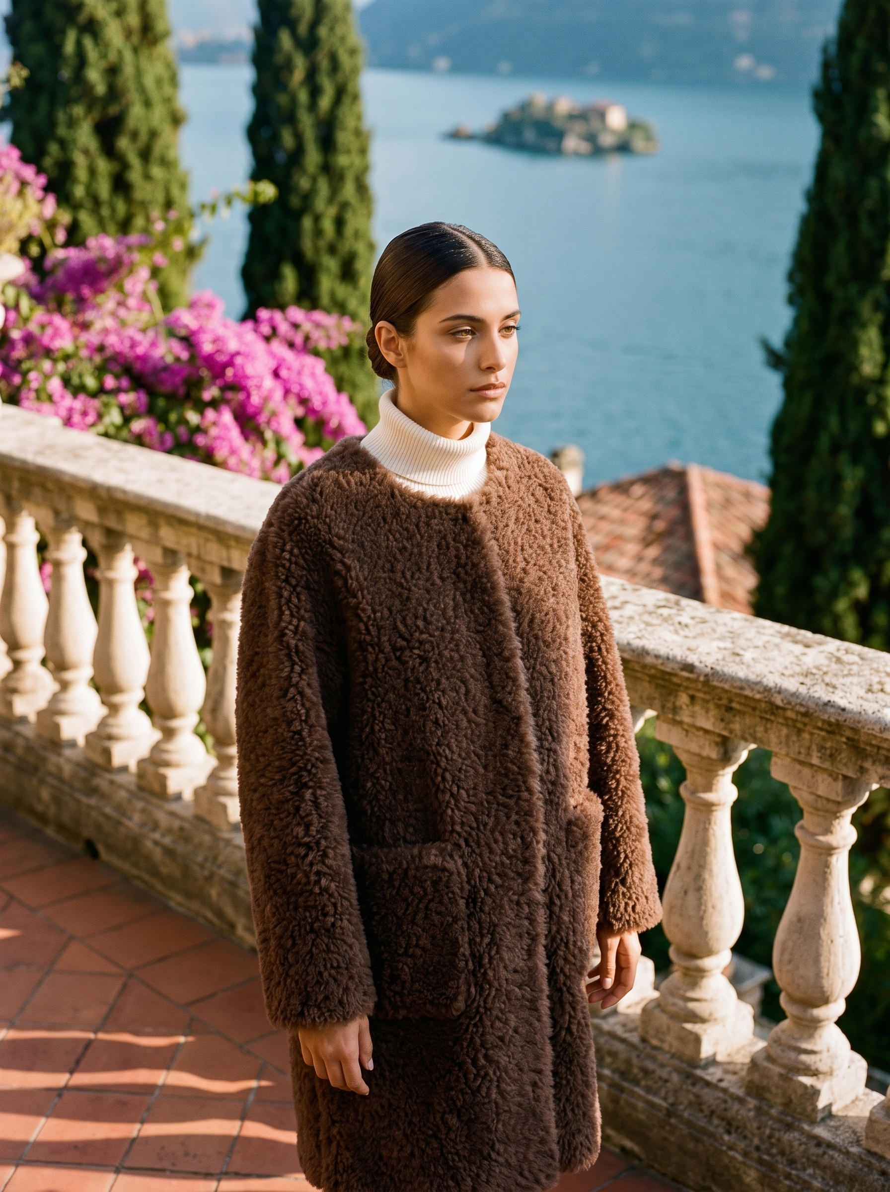 Woman wearing a coffee-brown shearling teddy coat on a Lake Como terrace — Aveloire