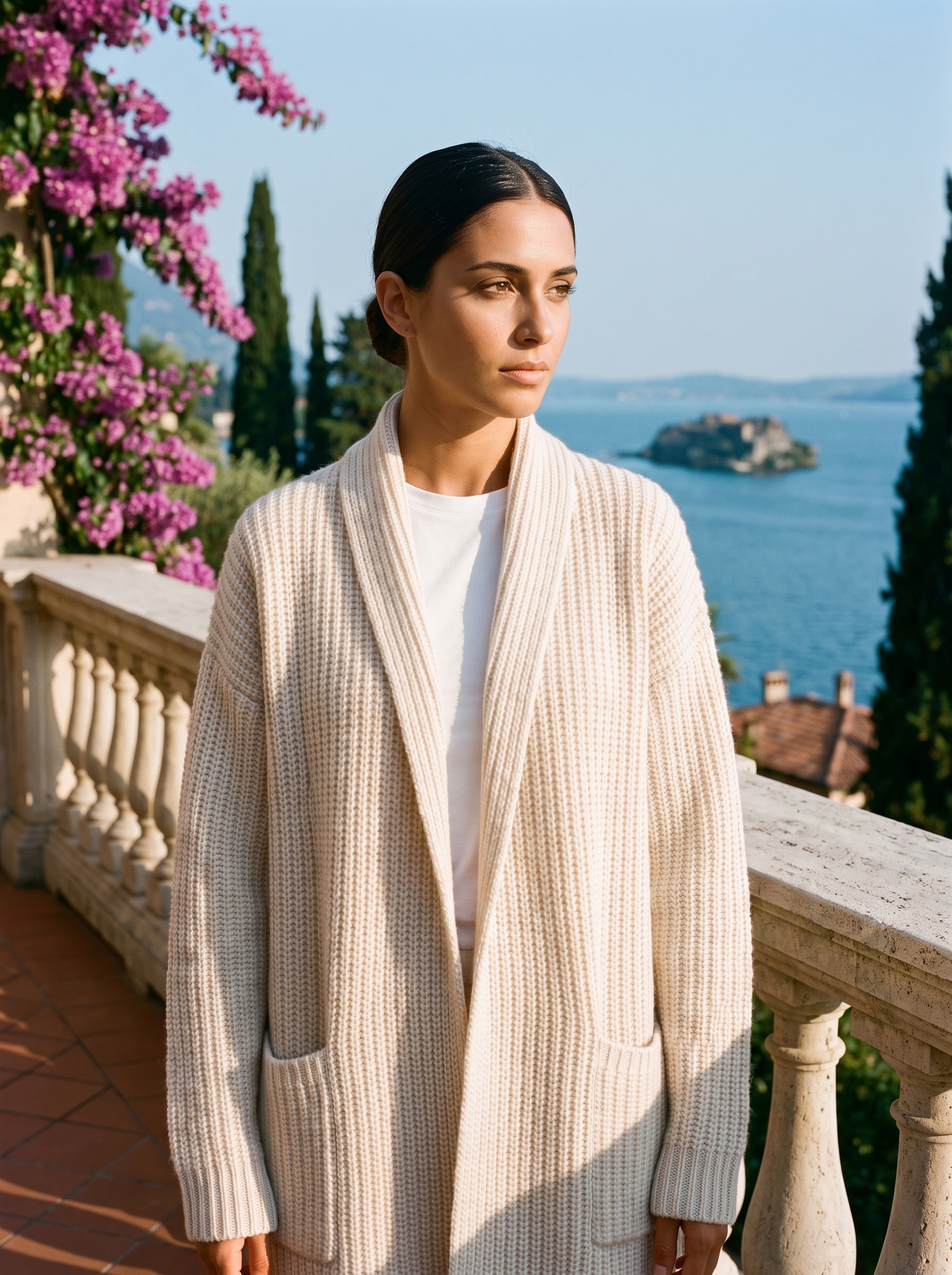 Woman wearing a cream open-front knit cardigan on a terrace overlooking Lake Como, old money style — Aveloire