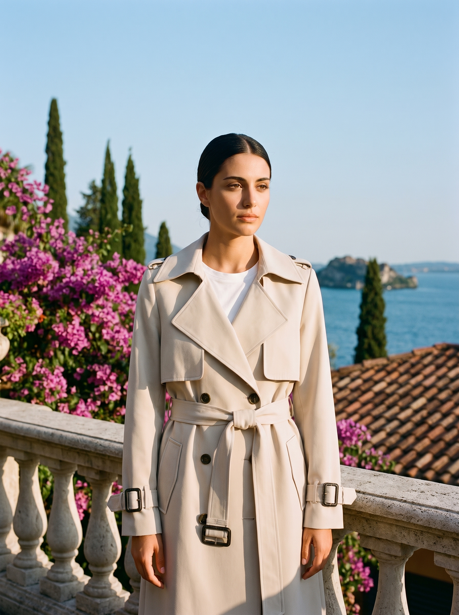 Woman wearing a cream trench coat on a terrace overlooking Lake Como — Aveloire